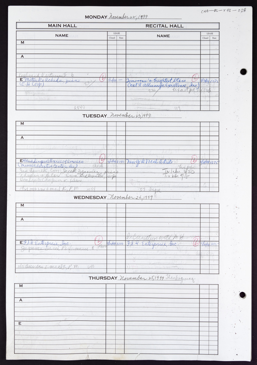 Carnegie Hall Booking Ledger, volume 45, page 28