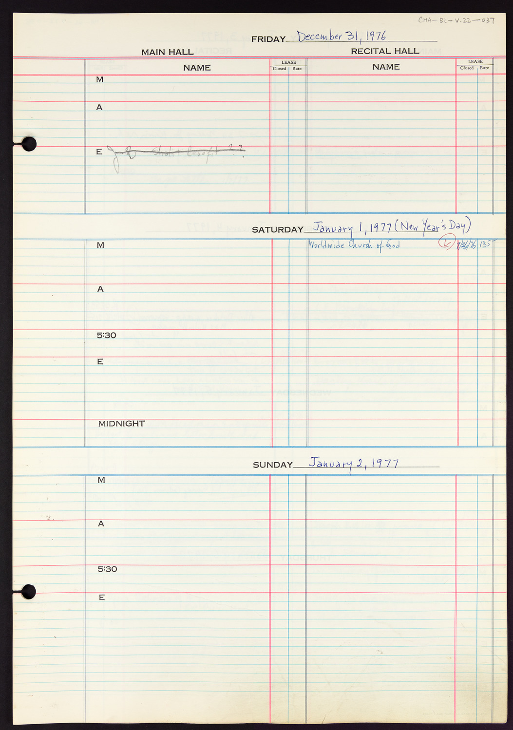 Carnegie Hall Booking Ledger, volume 22, page 37