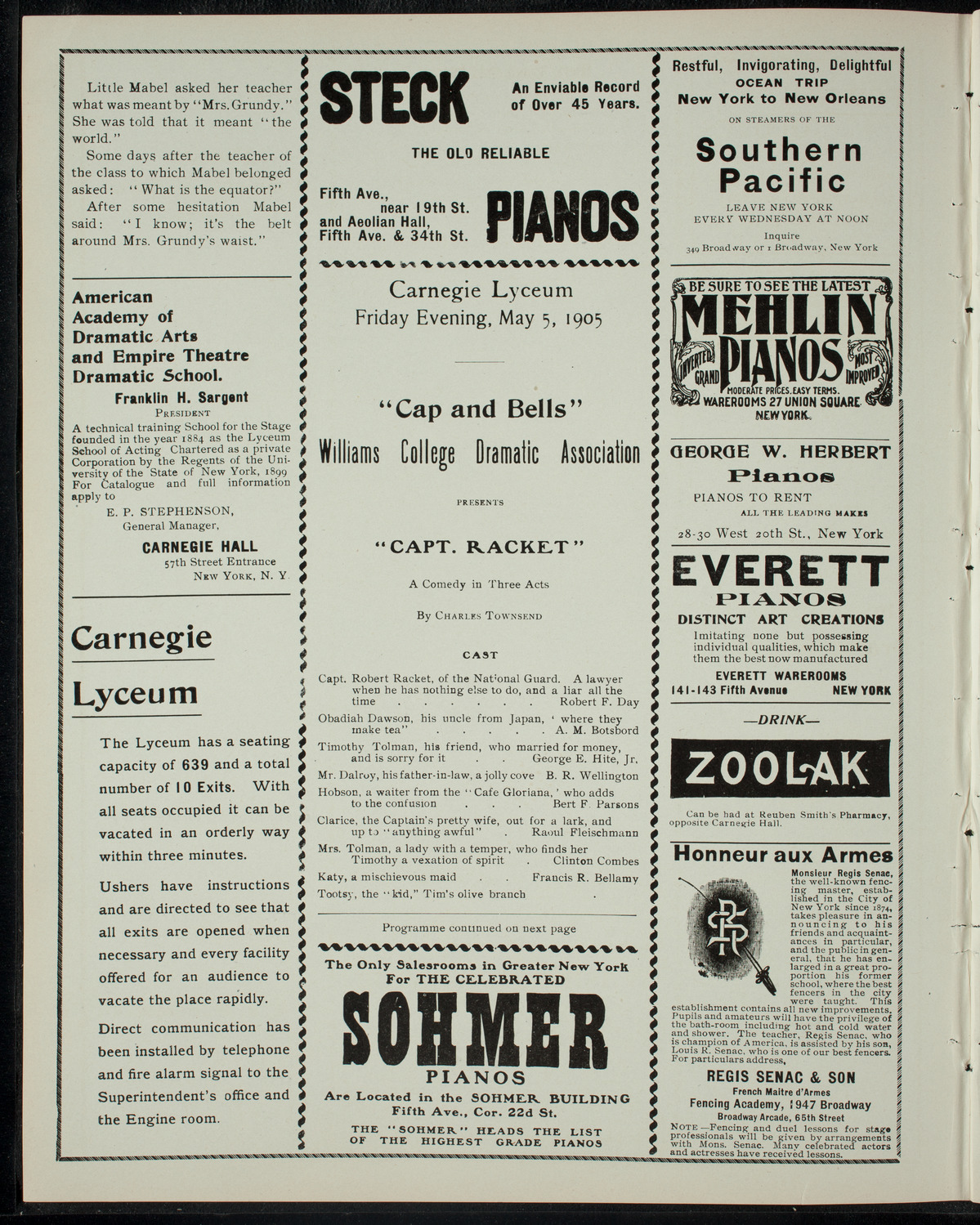 Williams College "Cap and Bells" Dramatic Association, May 5, 1905, program page 2