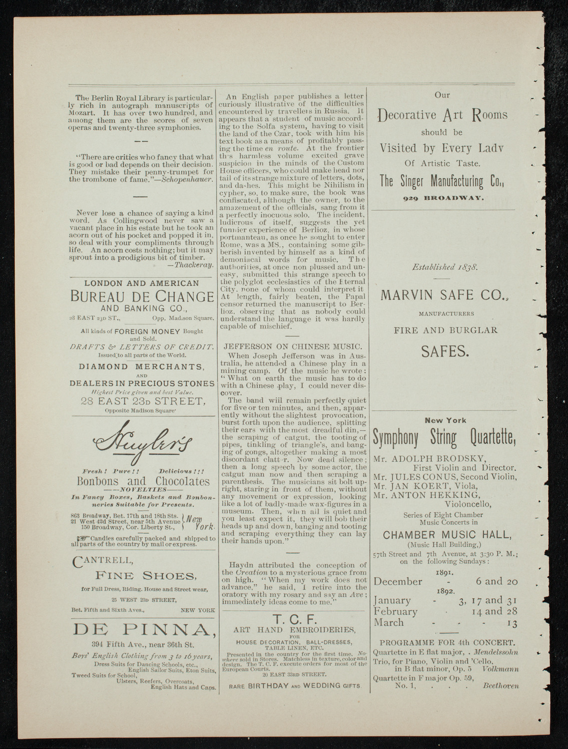 New York Symphony String Quartet, January 3, 1892, program page 4