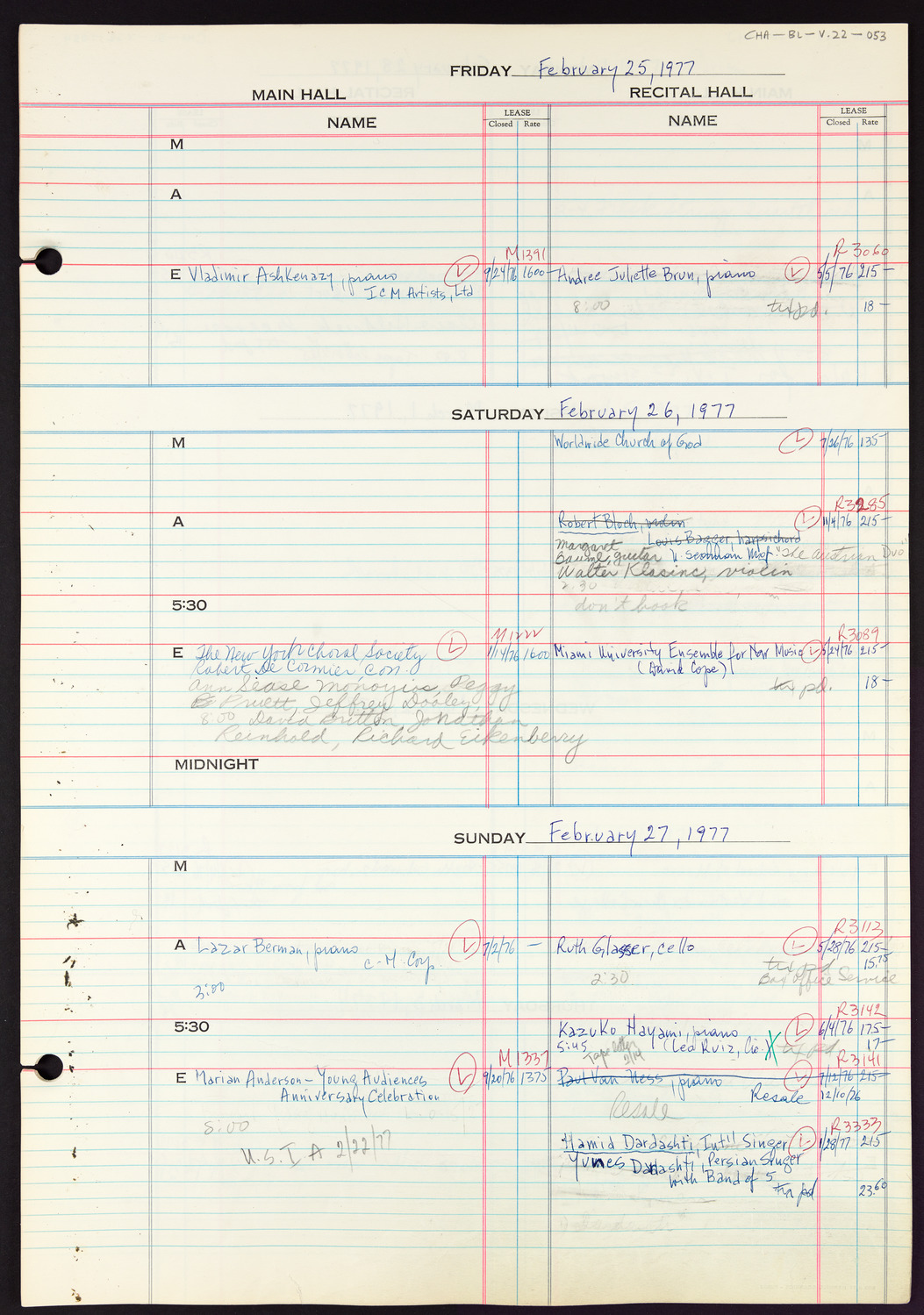 Carnegie Hall Booking Ledger, volume 22, page 53