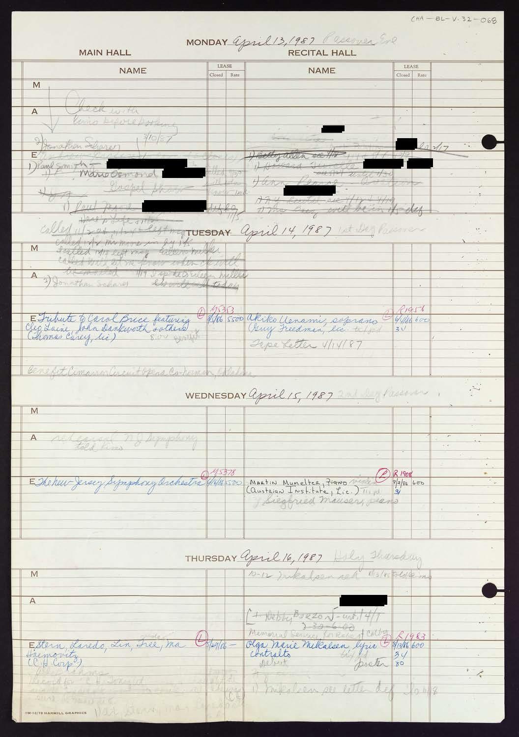 Carnegie Hall Booking Ledger, volume 32, page 68