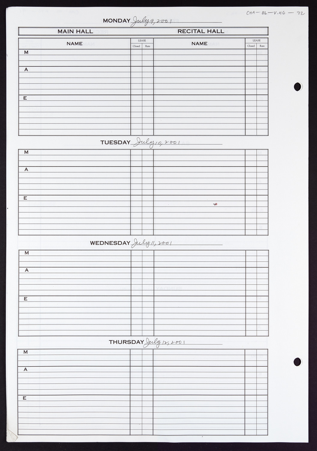 Carnegie Hall Booking Ledger, volume 46, page 92