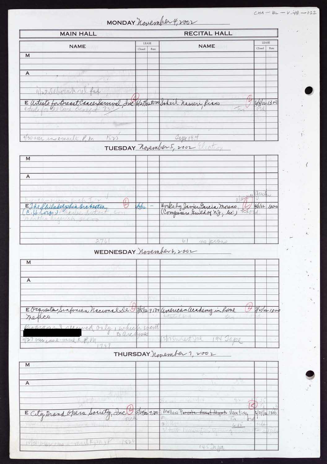 Carnegie Hall Booking Ledger, volume 48, page 22