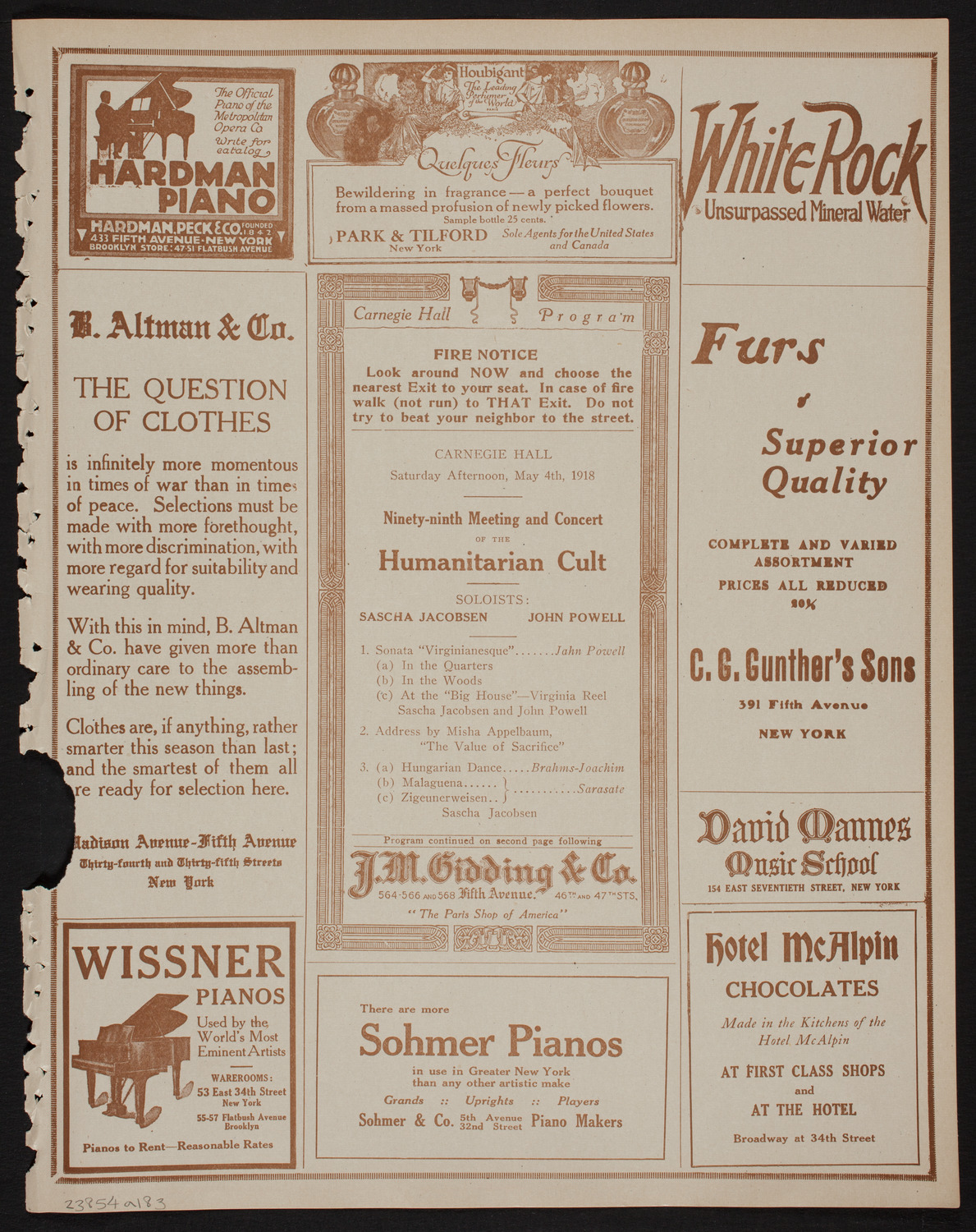 Meeting: The Humanitarian Cult, May 4, 1918, program page 5