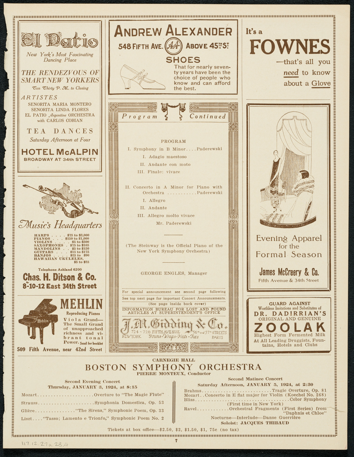 New York Symphony Orchestra, December 27, 1923, program page 7