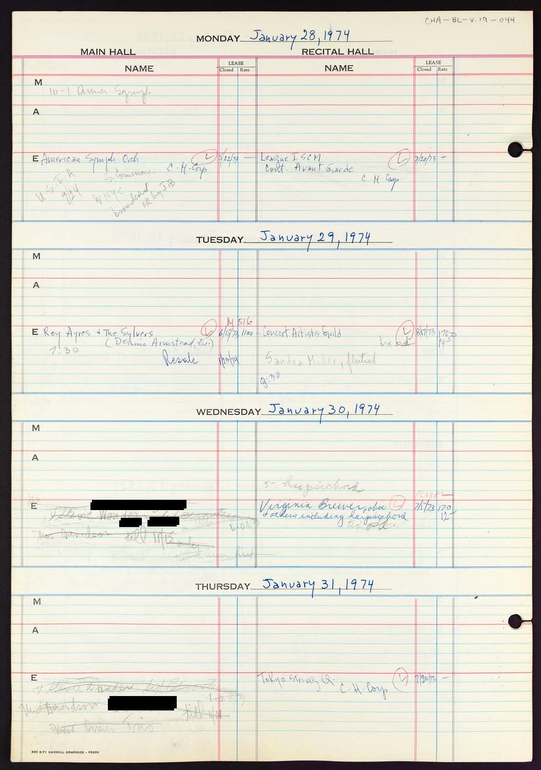 Carnegie Hall Booking Ledger, volume 19, page 44