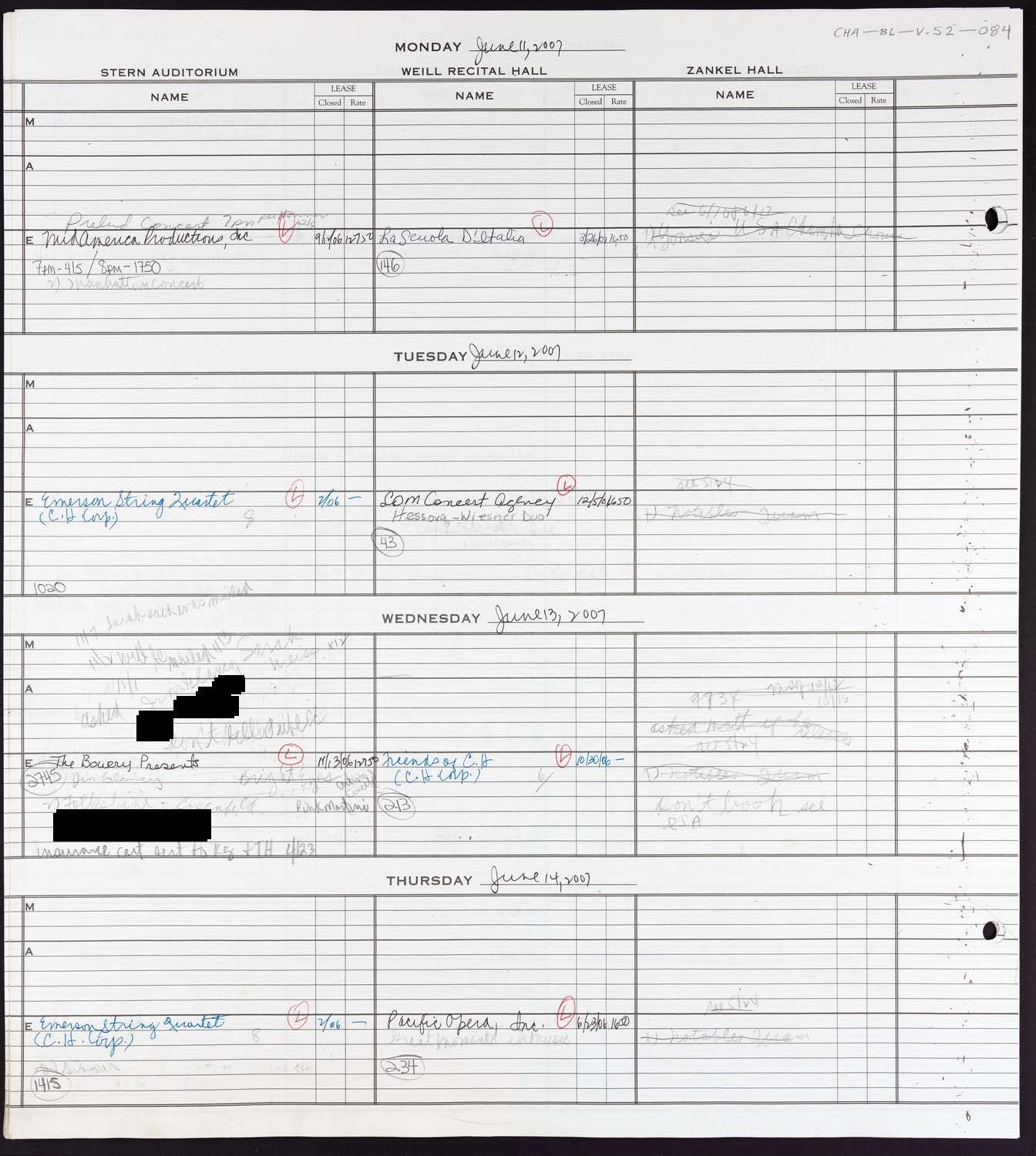 Carnegie Hall Booking Ledger, volume 52, page 84