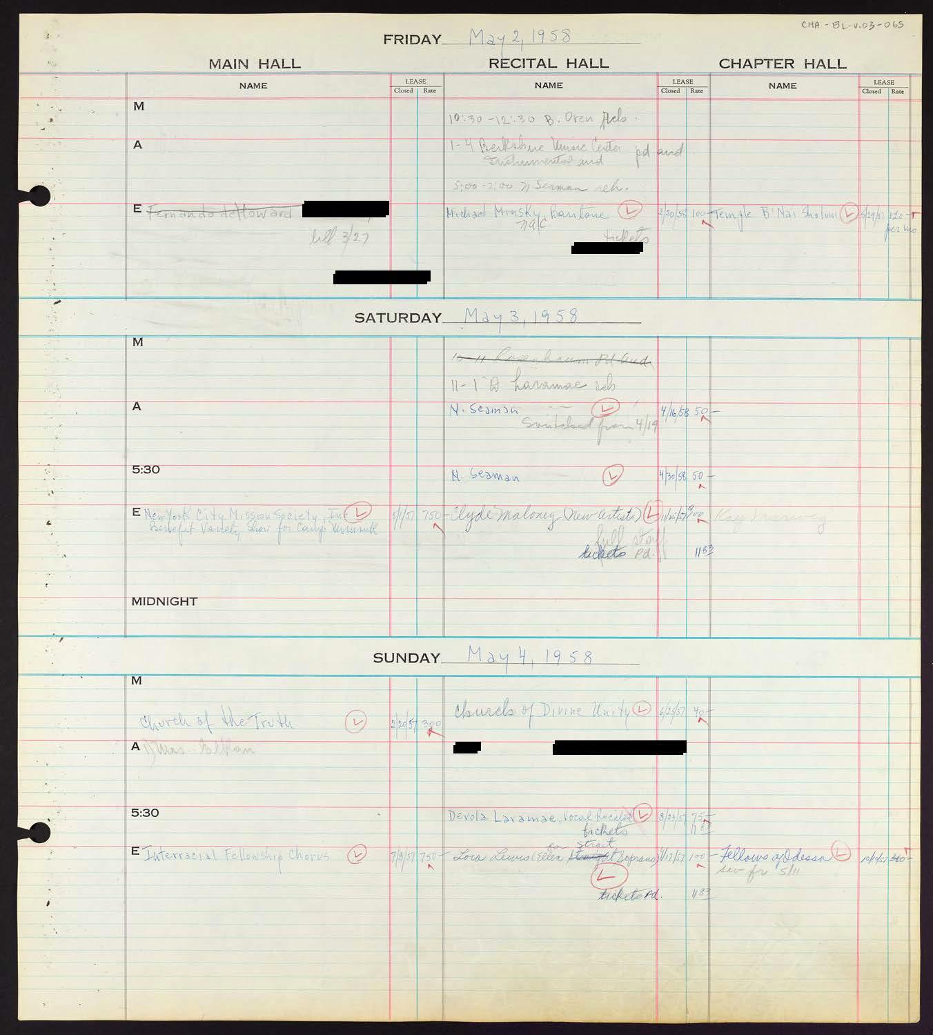 Carnegie Hall Booking Ledger, volume 3, page 65