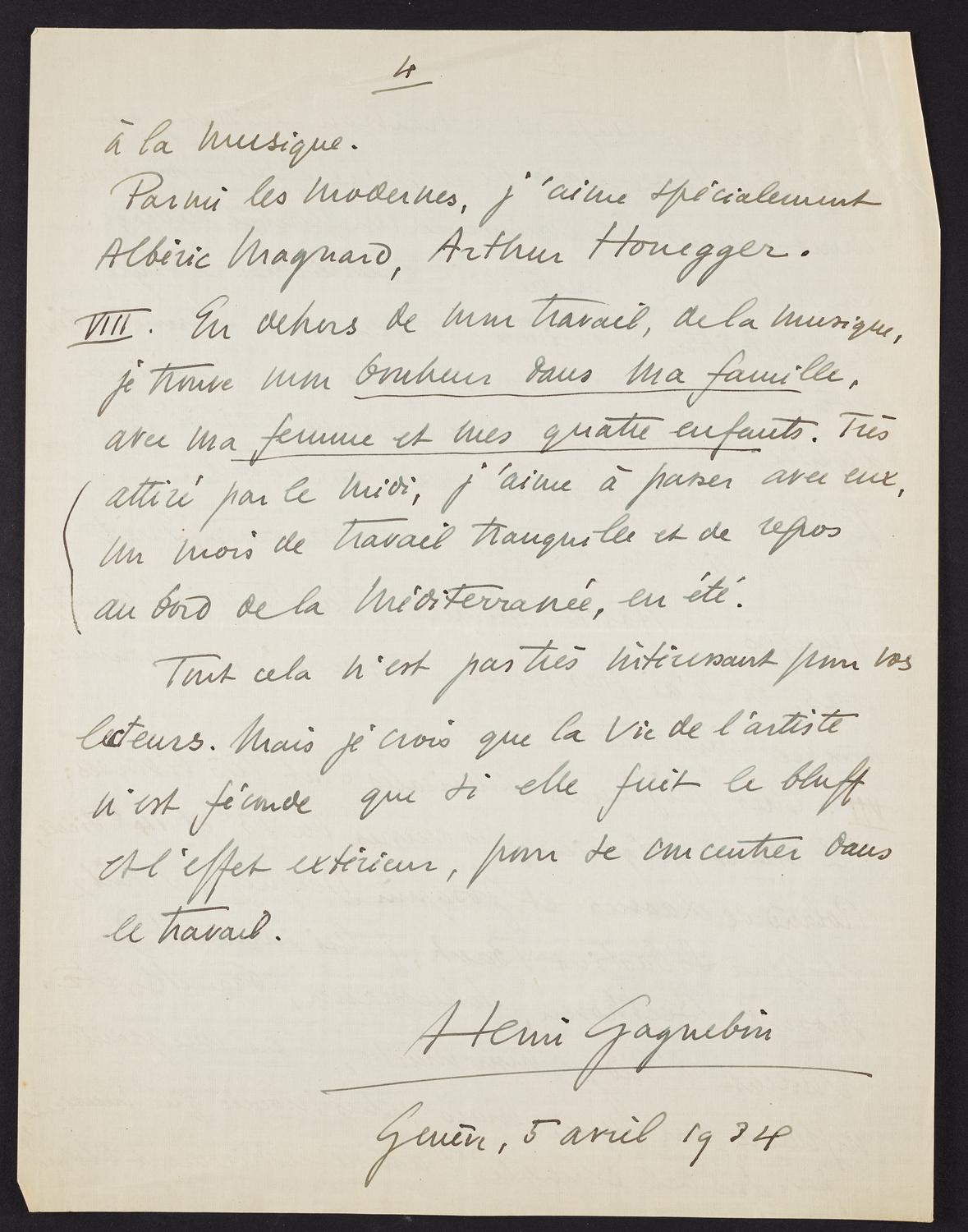 Correspondence from Henri Gagnebin to David Ewen, page 5 of 8