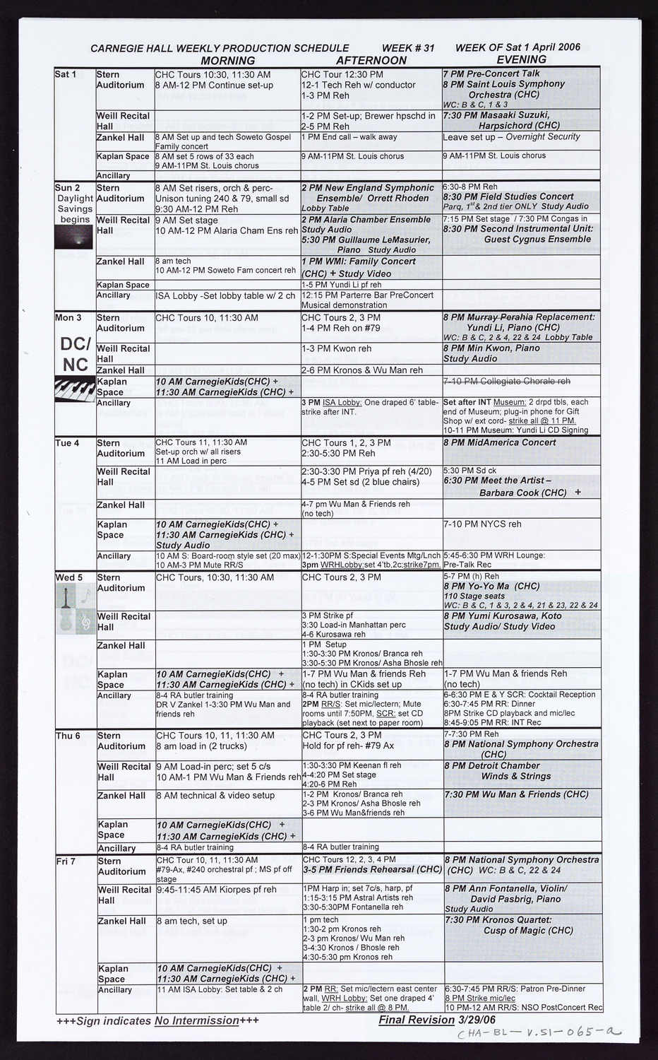 Carnegie Hall Booking Ledger, volume 51, page 65a