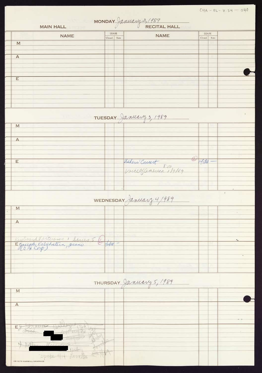 Carnegie Hall Booking Ledger, volume 34, page 40