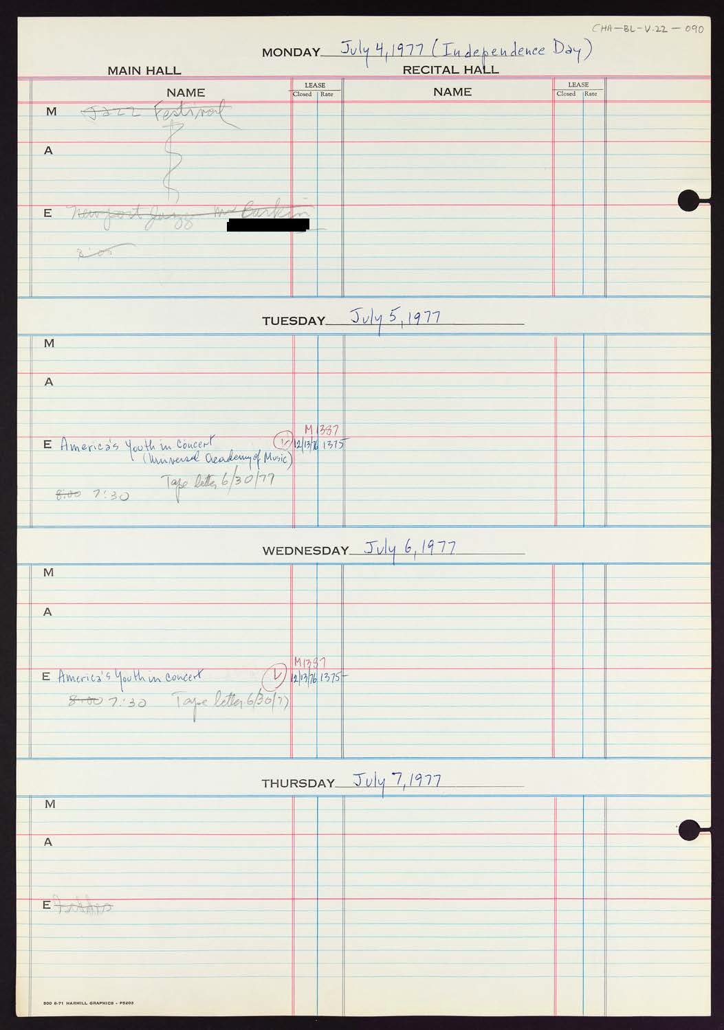 Carnegie Hall Booking Ledger, volume 22, page 90