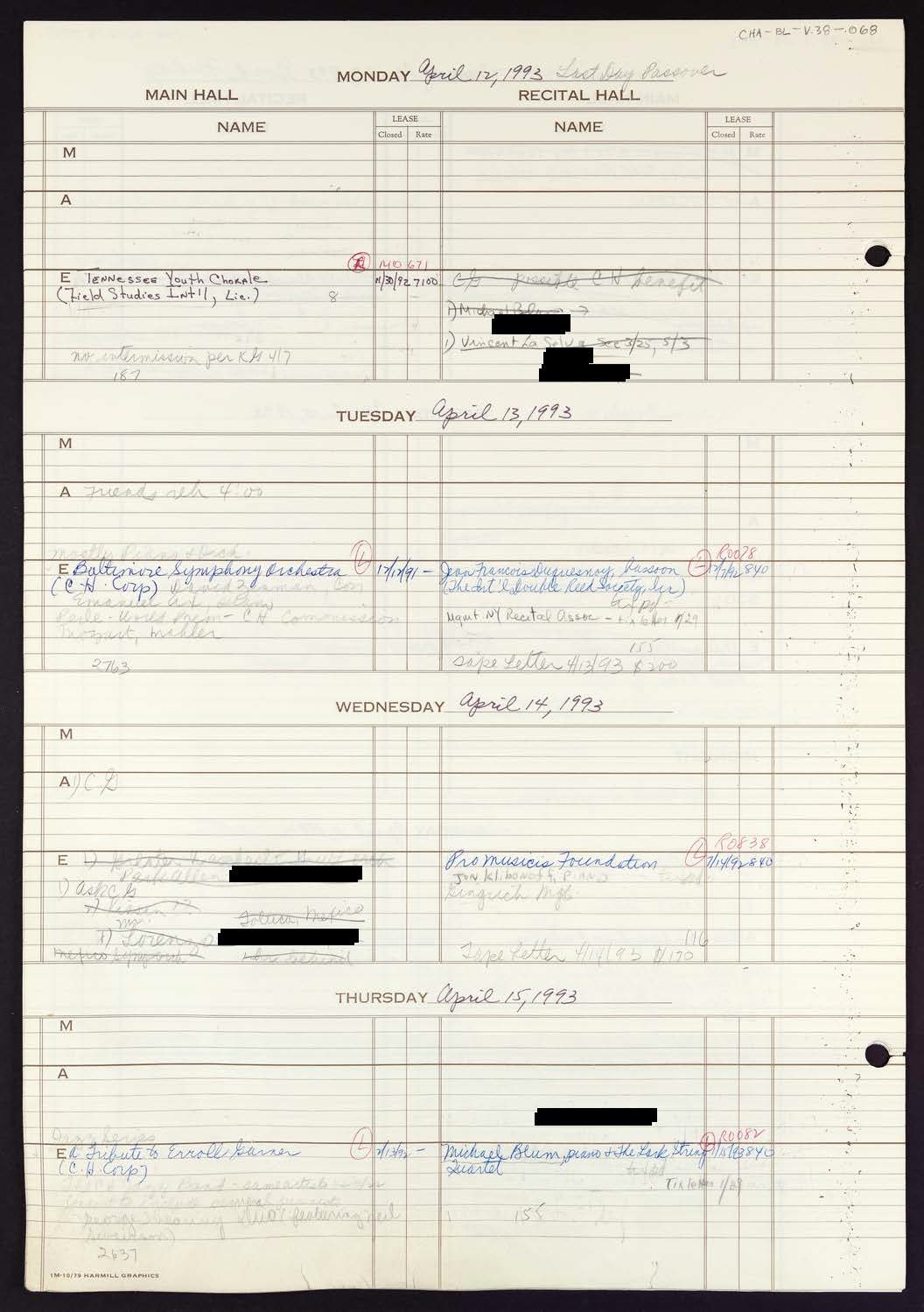 Carnegie Hall Booking Ledger, volume 38, page 68