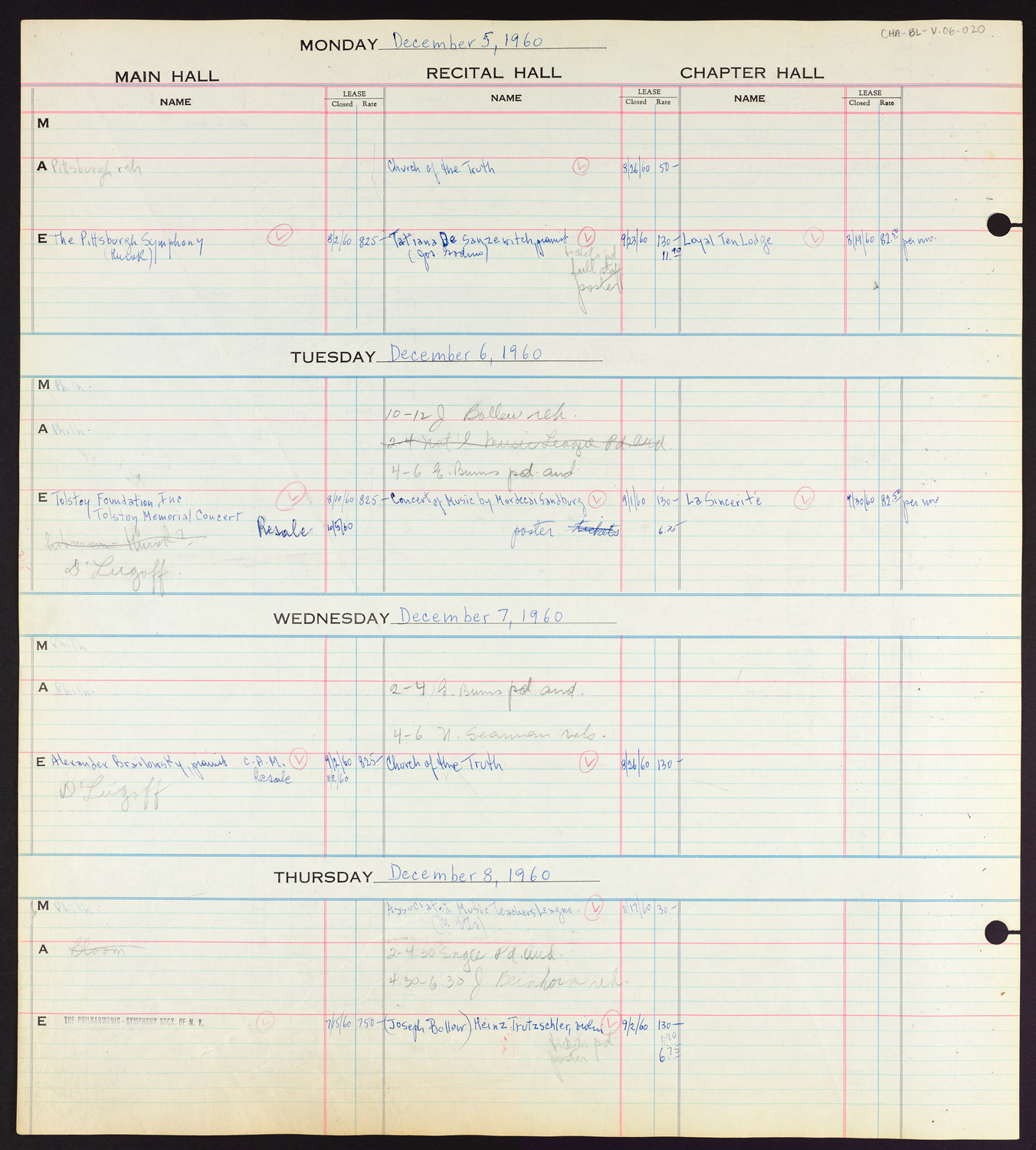 Carnegie Hall Booking Ledger, volume 6, page 20