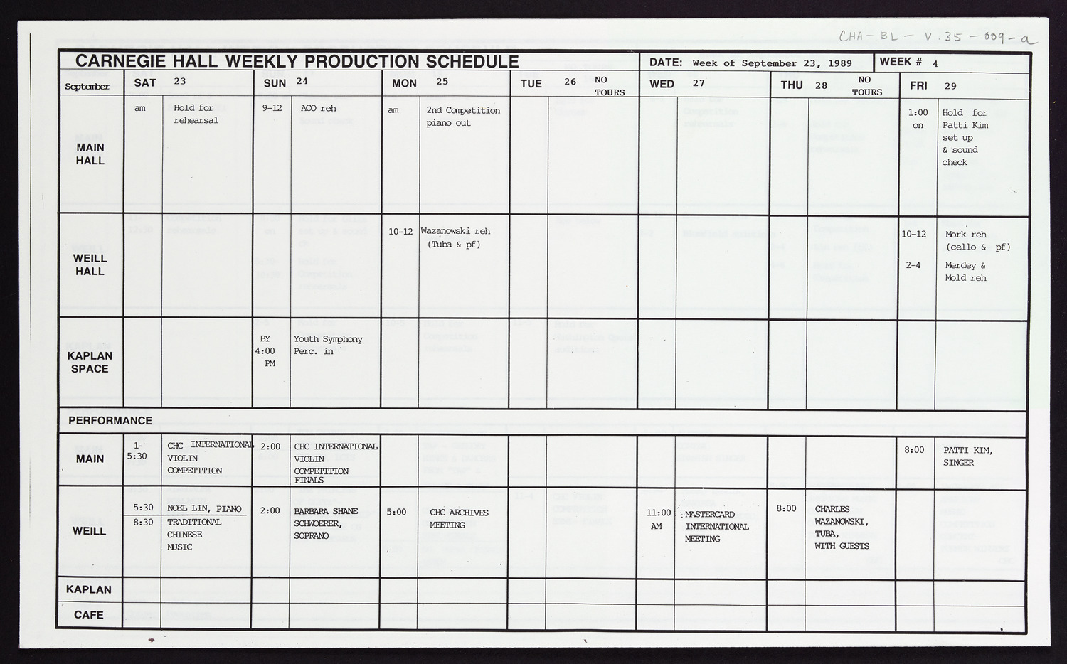 Carnegie Hall Booking Ledger, volume 35, page 9a