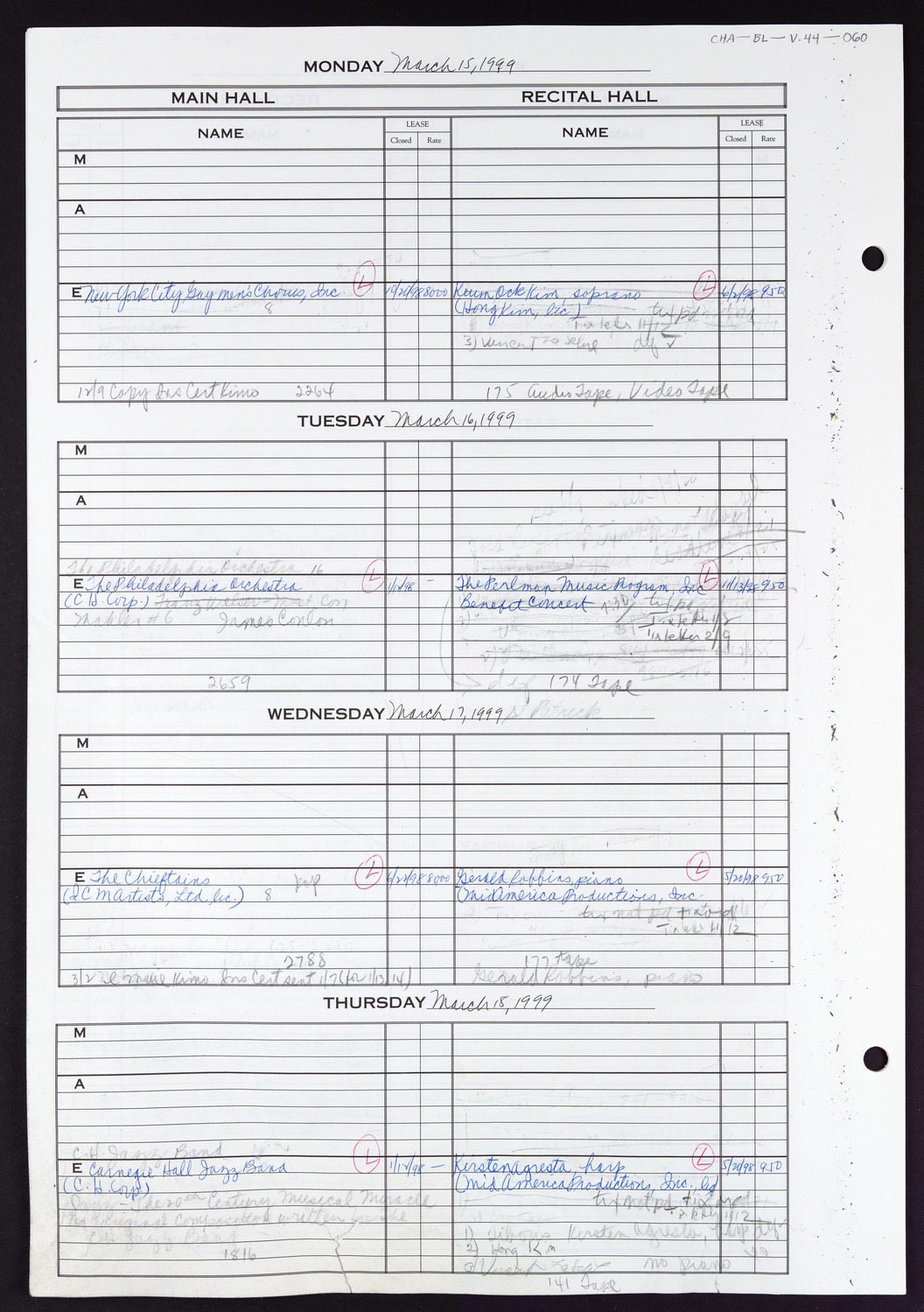 Carnegie Hall Booking Ledger, volume 44, page 60