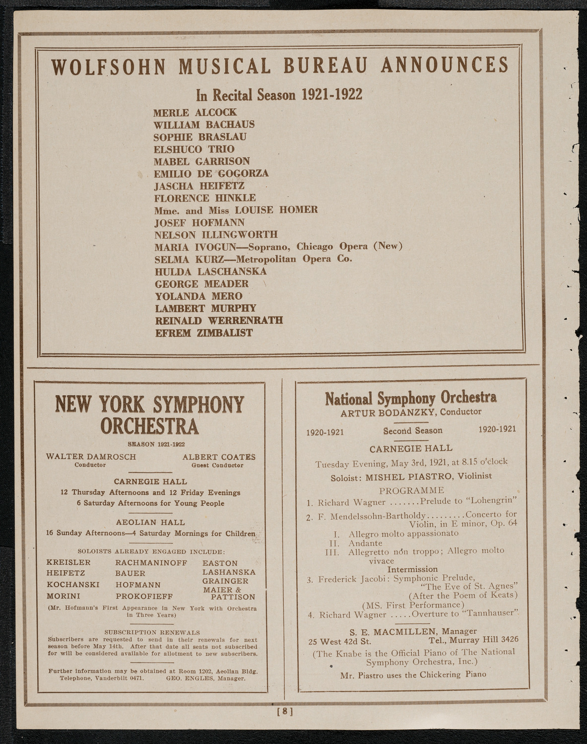 Joseph Schwarz, Baritone, Max Rosen, Violin, and Sara Sokolsky-Freid, Piano, May 1, 1921, program page 8