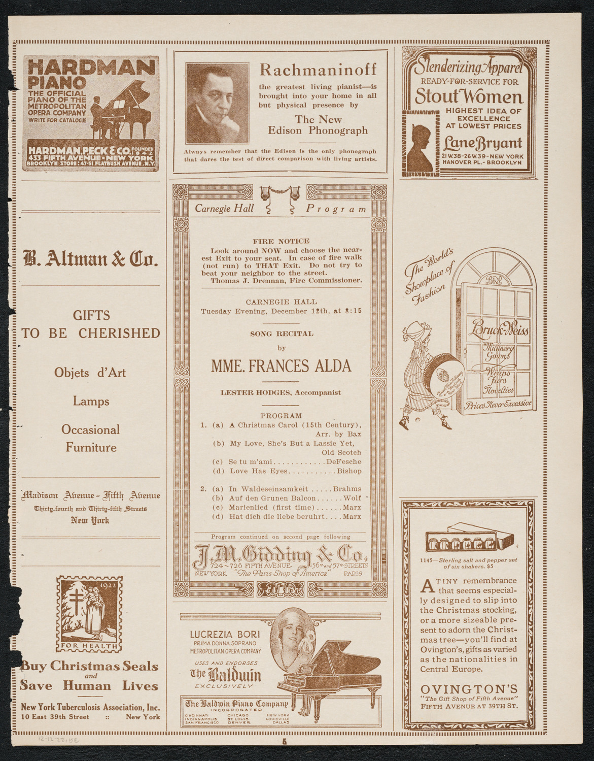Frances Alda, Soprano, December 12, 1922, program page 5