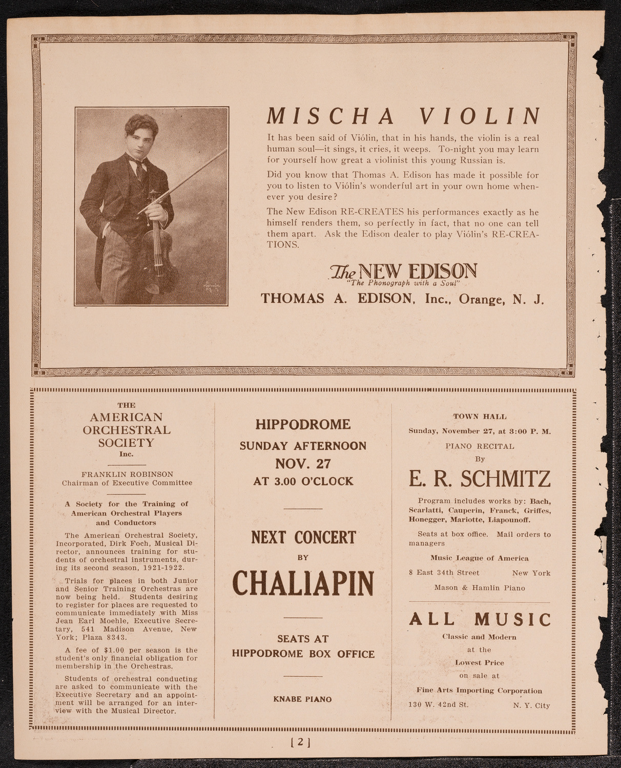 Cancelled Concert: Feodor Chaliapin, November 23, 1921, program page 2