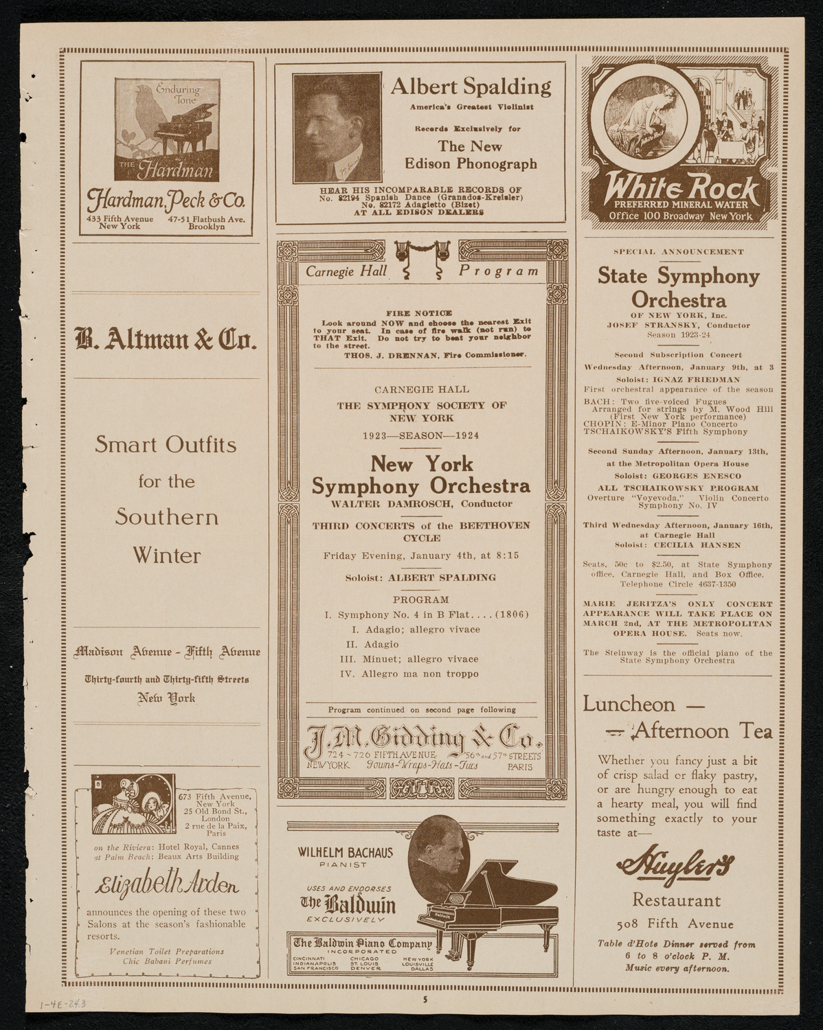 New York Symphony Orchestra: Beethoven Cycle, January 4, 1924, program page 5