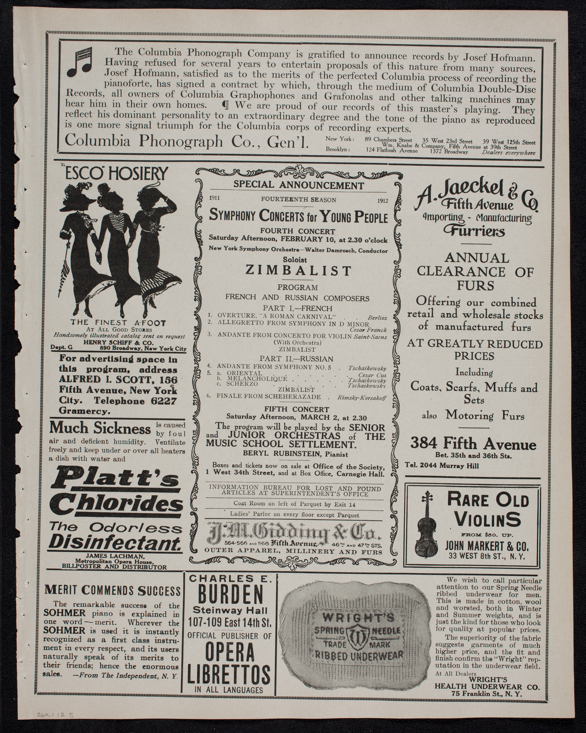 New York Philharmonic, January 26, 1912, program page 9