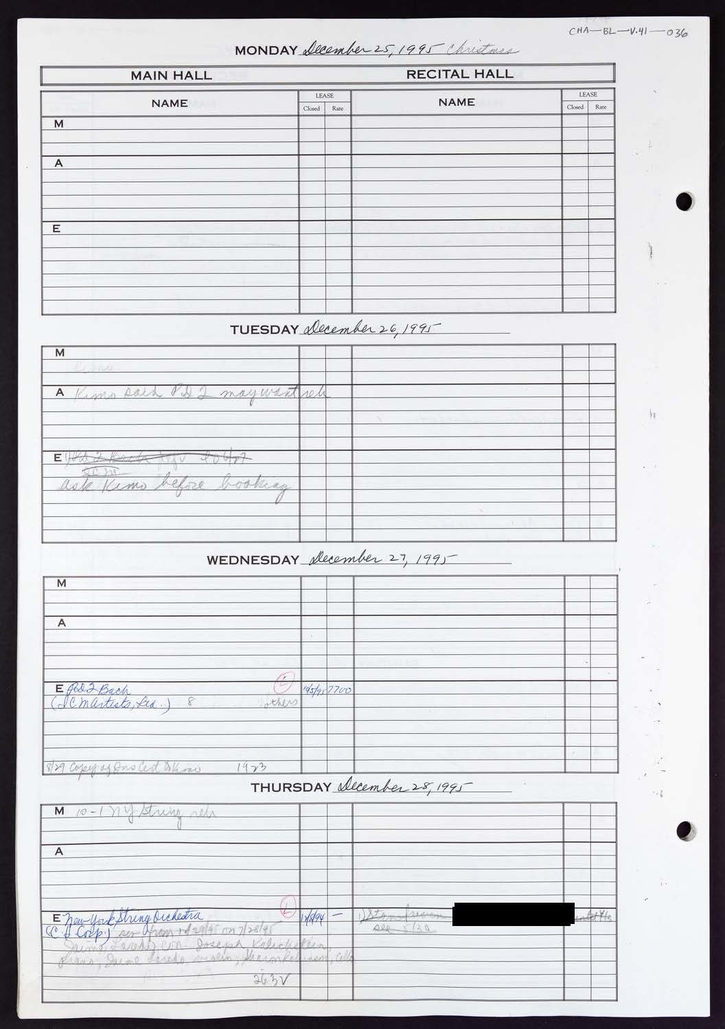 Carnegie Hall Booking Ledger, volume 41, page 36