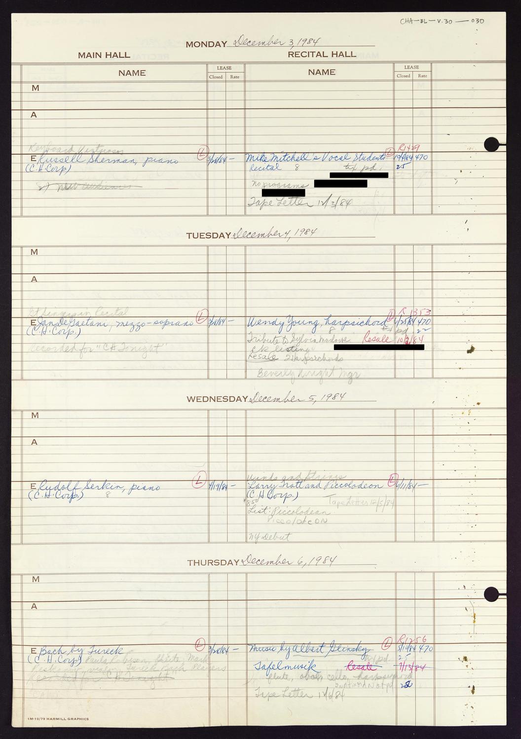 Carnegie Hall Booking Ledger, volume 30, page 30