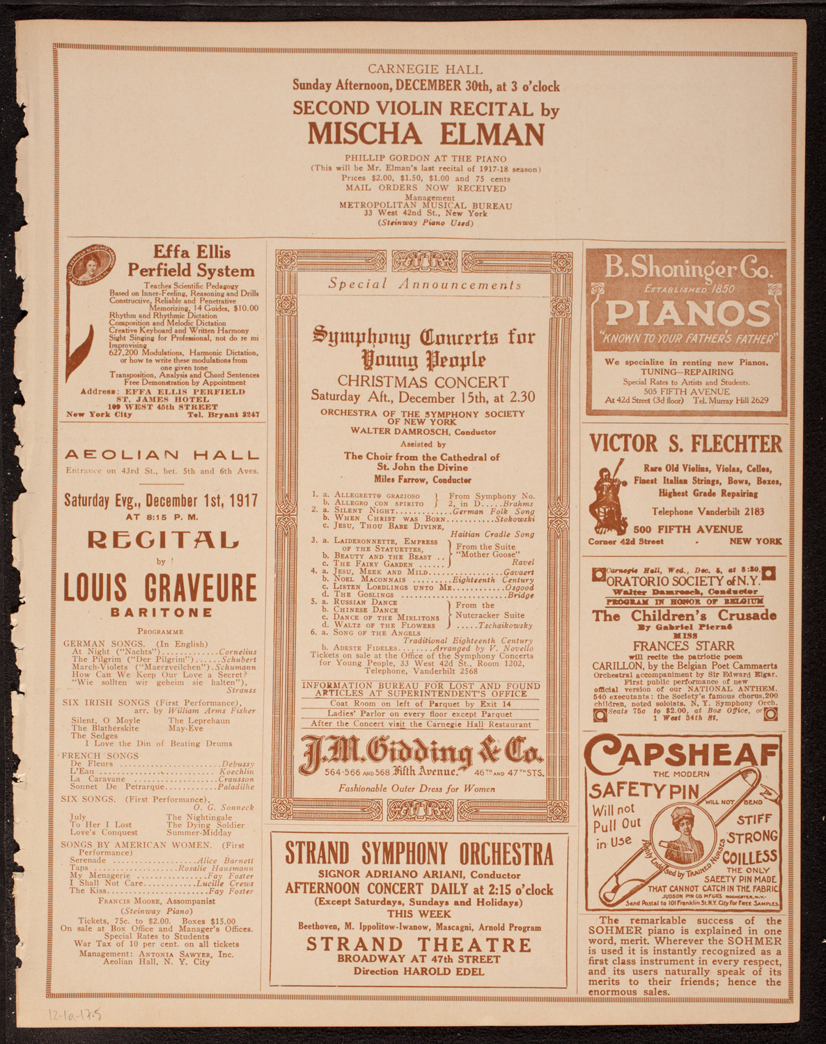 Jascha Heifetz, Violin, December 1, 1917, program page 9
