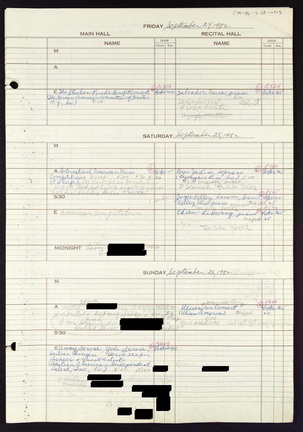 Carnegie Hall Booking Ledger, volume 28, page 13