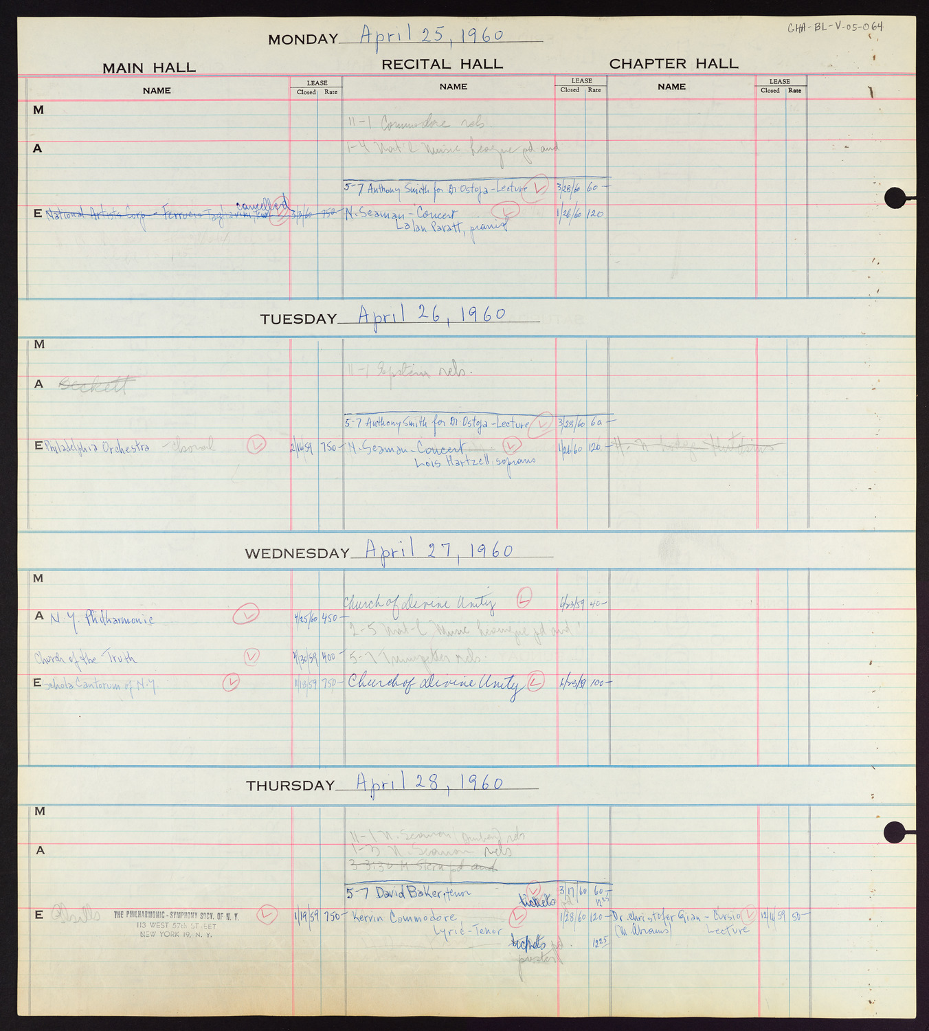 Carnegie Hall Booking Ledger, volume 5, page 64