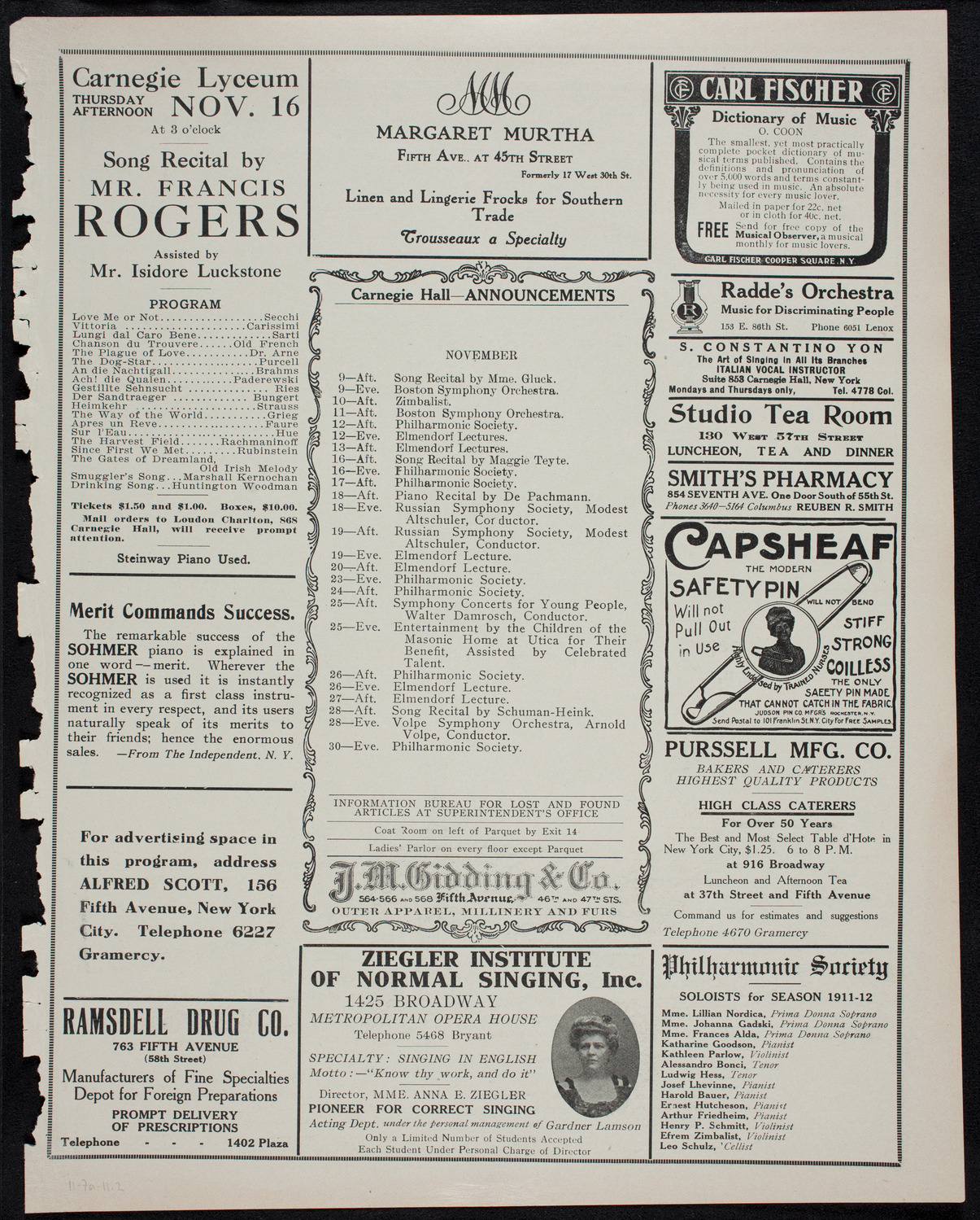 Johanna Gadski, Soprano, November 7, 1911, program page 3