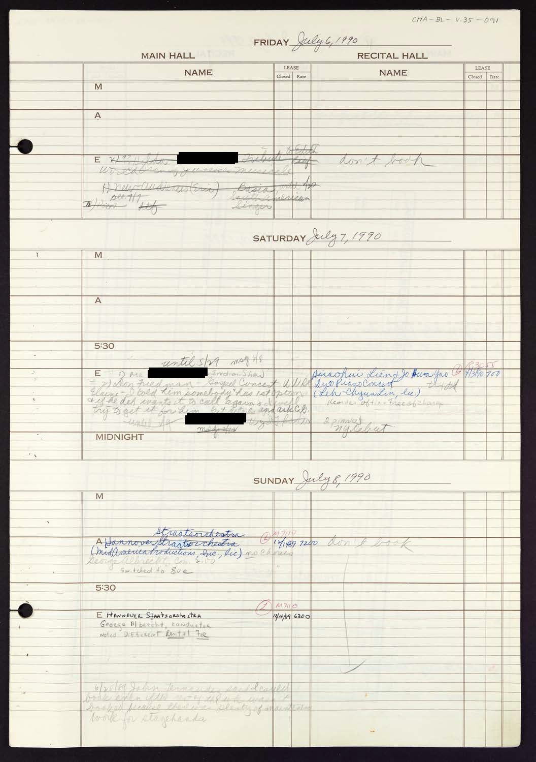 Carnegie Hall Booking Ledger, volume 35, page 91