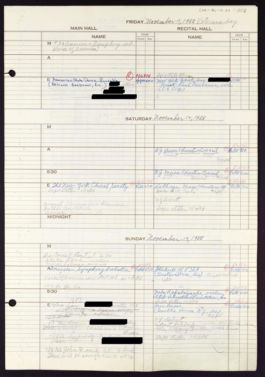 Carnegie Hall Booking Ledger, volume 34, page 25