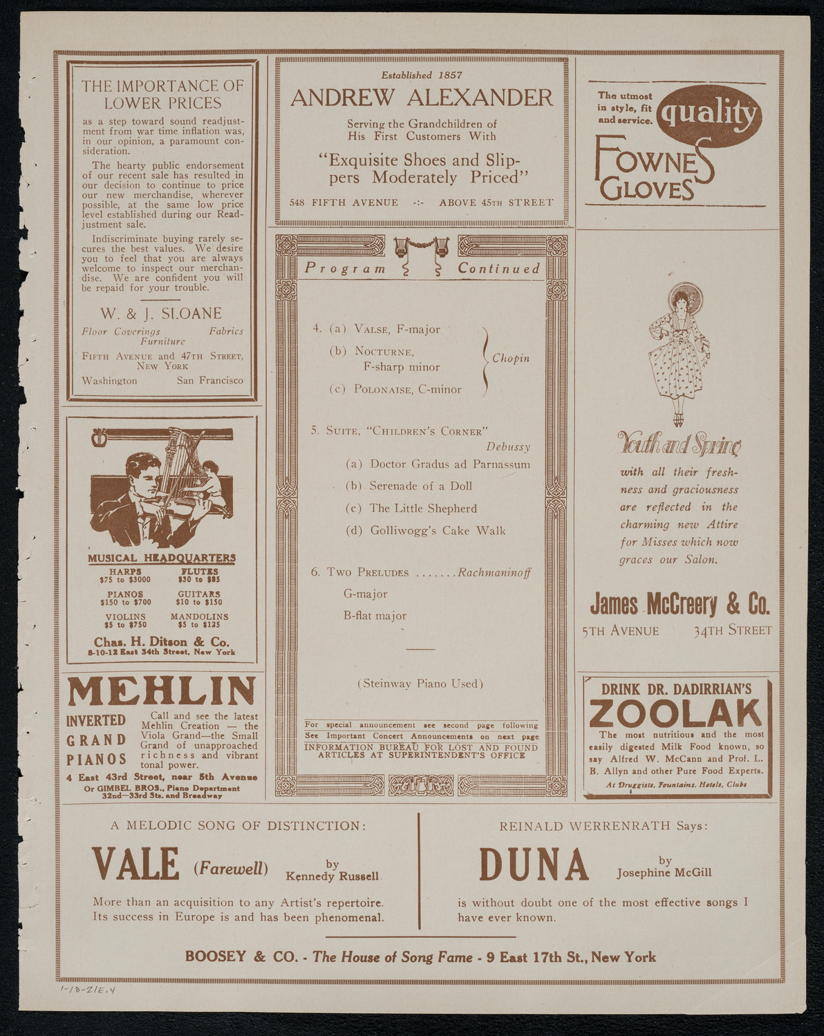 Sergei Rachmaninoff, Piano, January 18, 1921, program page 7
