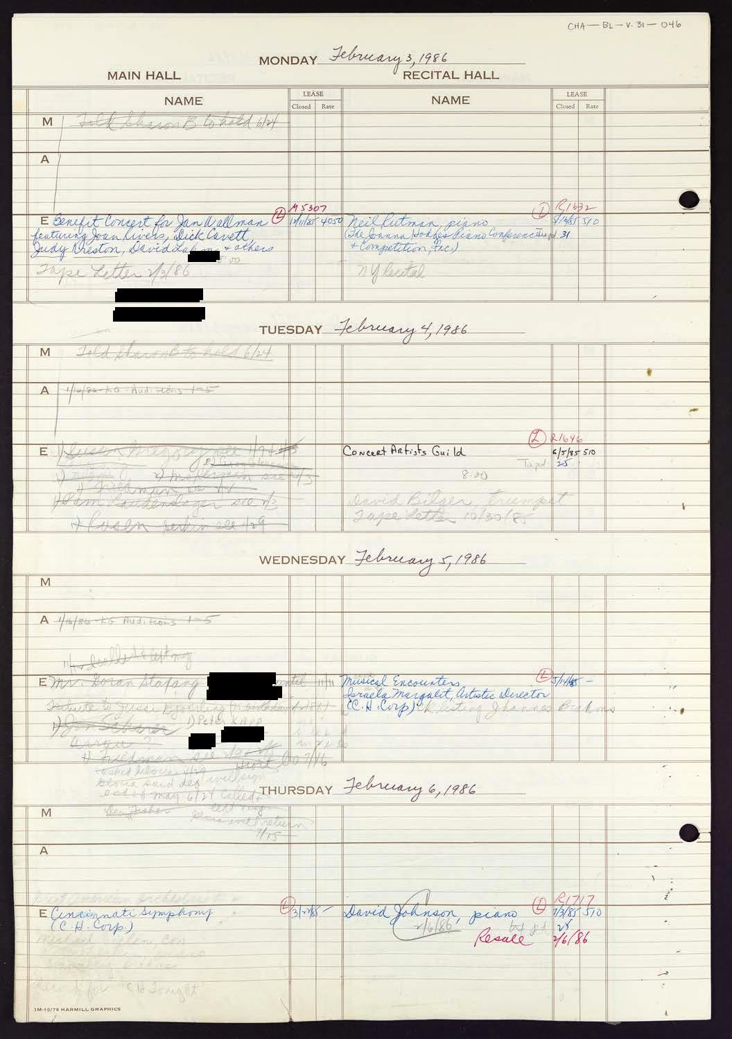 Carnegie Hall Booking Ledger, volume 31, page 46