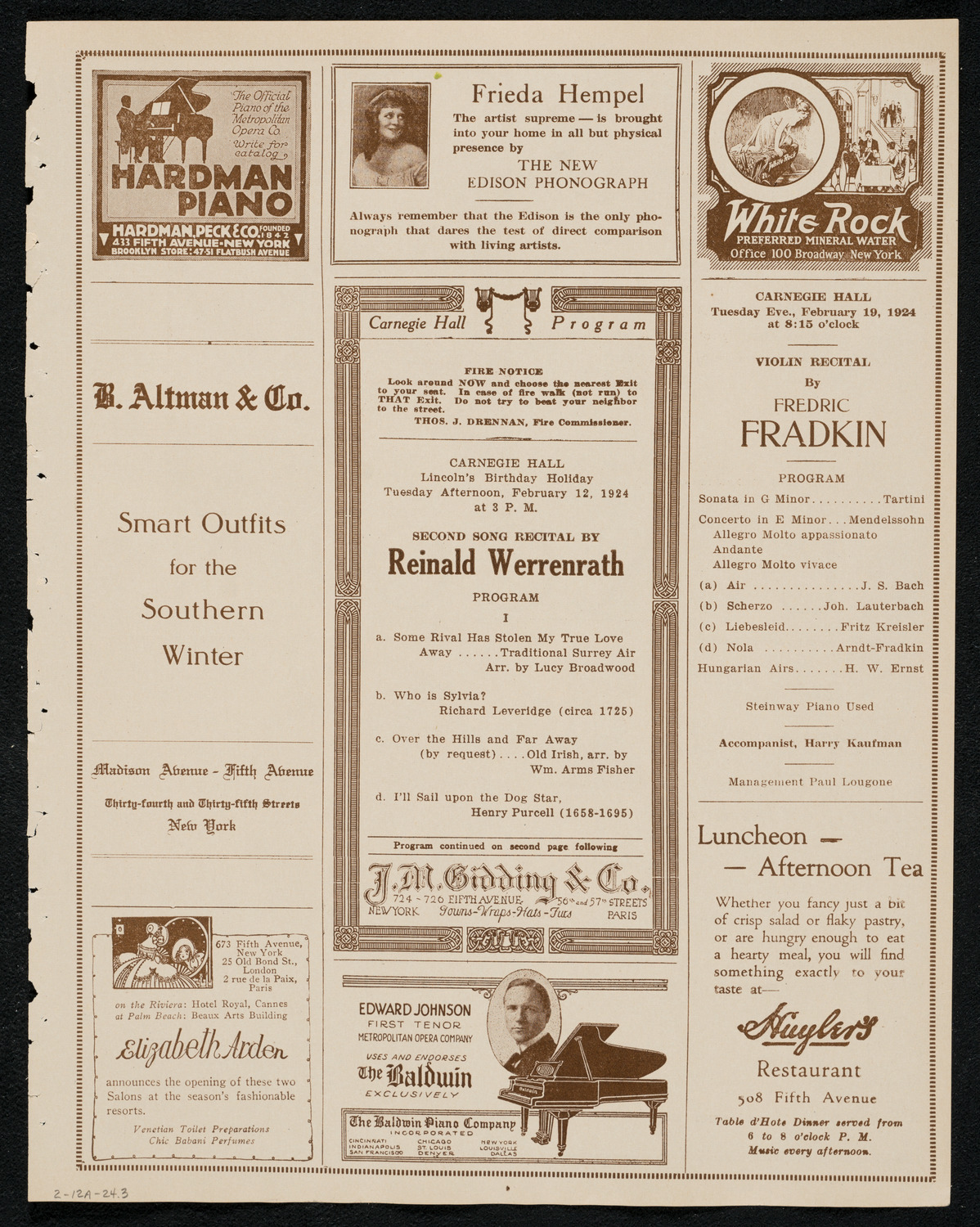 Reinald Werrenrath, Baritone, February 12, 1924, program page 5