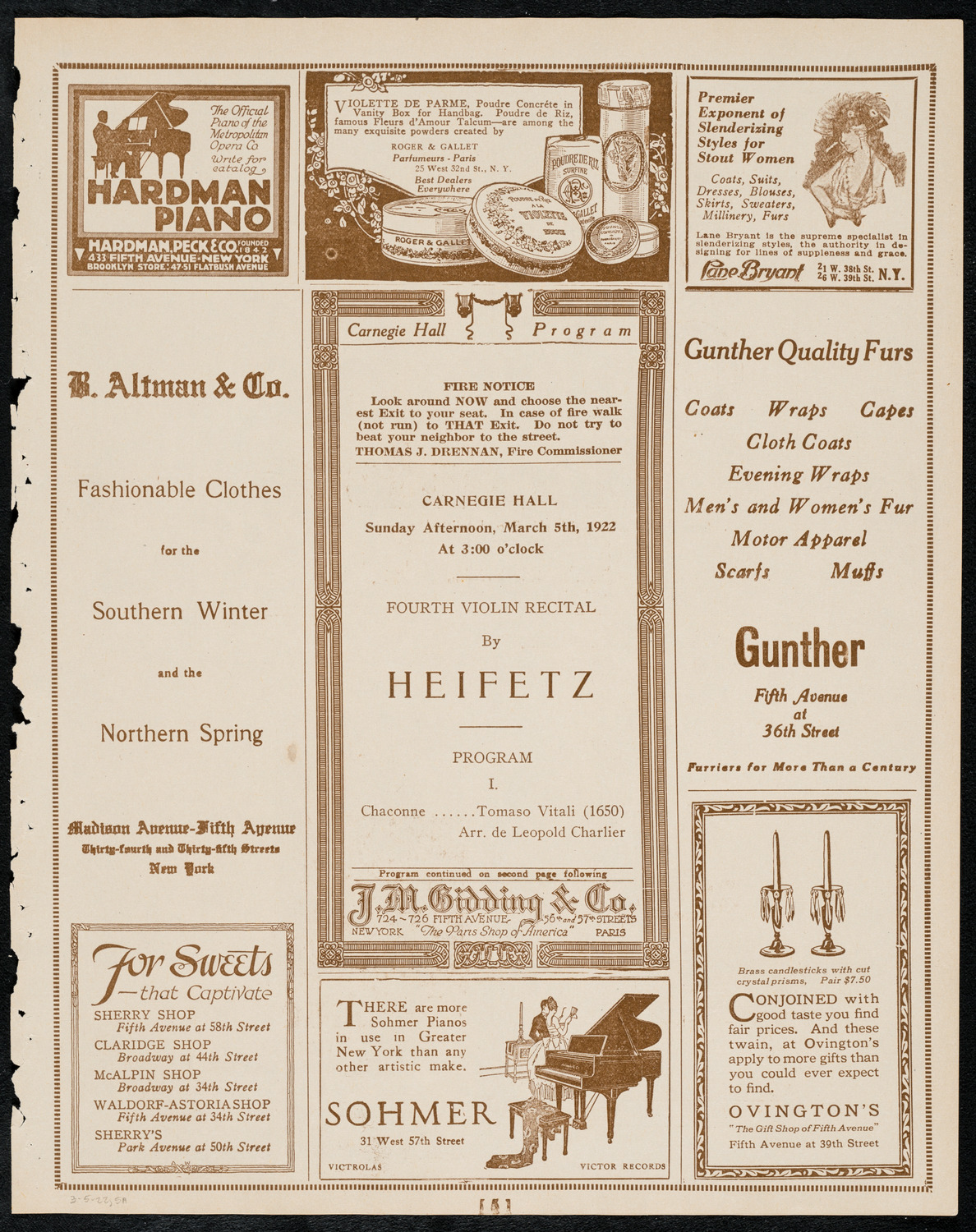 Jascha Heifetz, Violin, March 5, 1922, program page 5