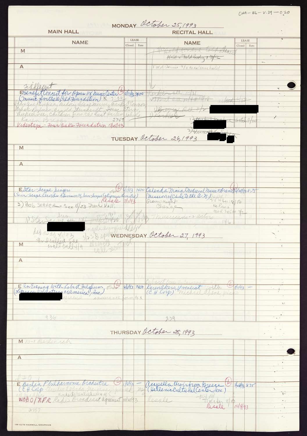 Carnegie Hall Booking Ledger, volume 39, page 20