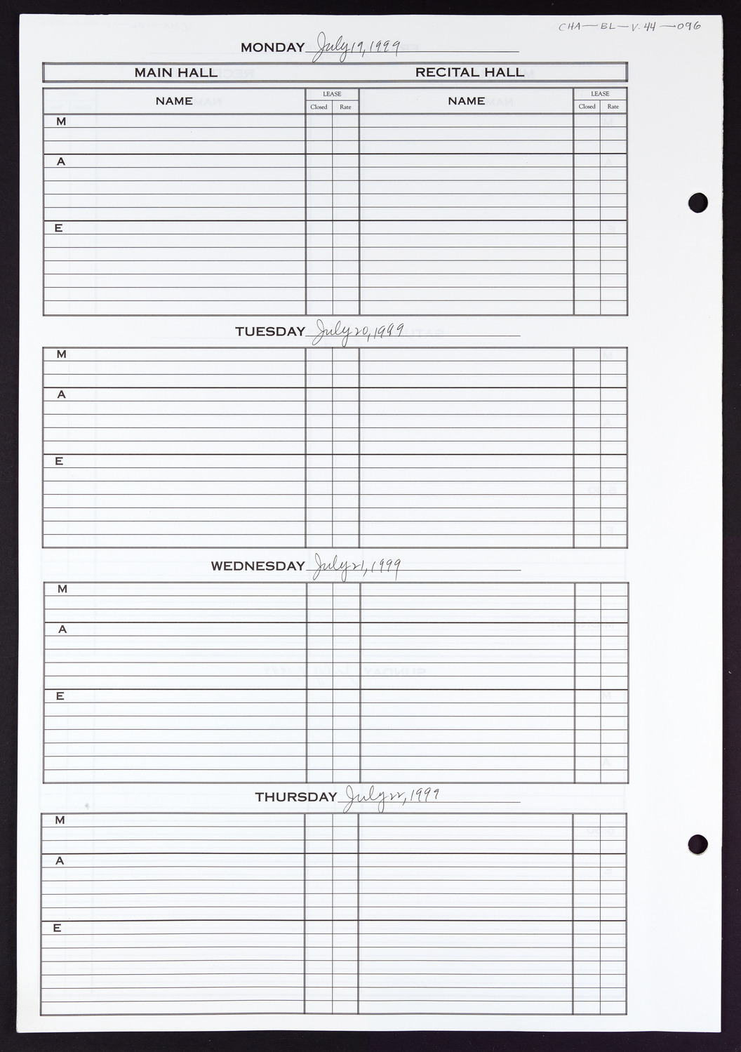 Carnegie Hall Booking Ledger, volume 44, page 96