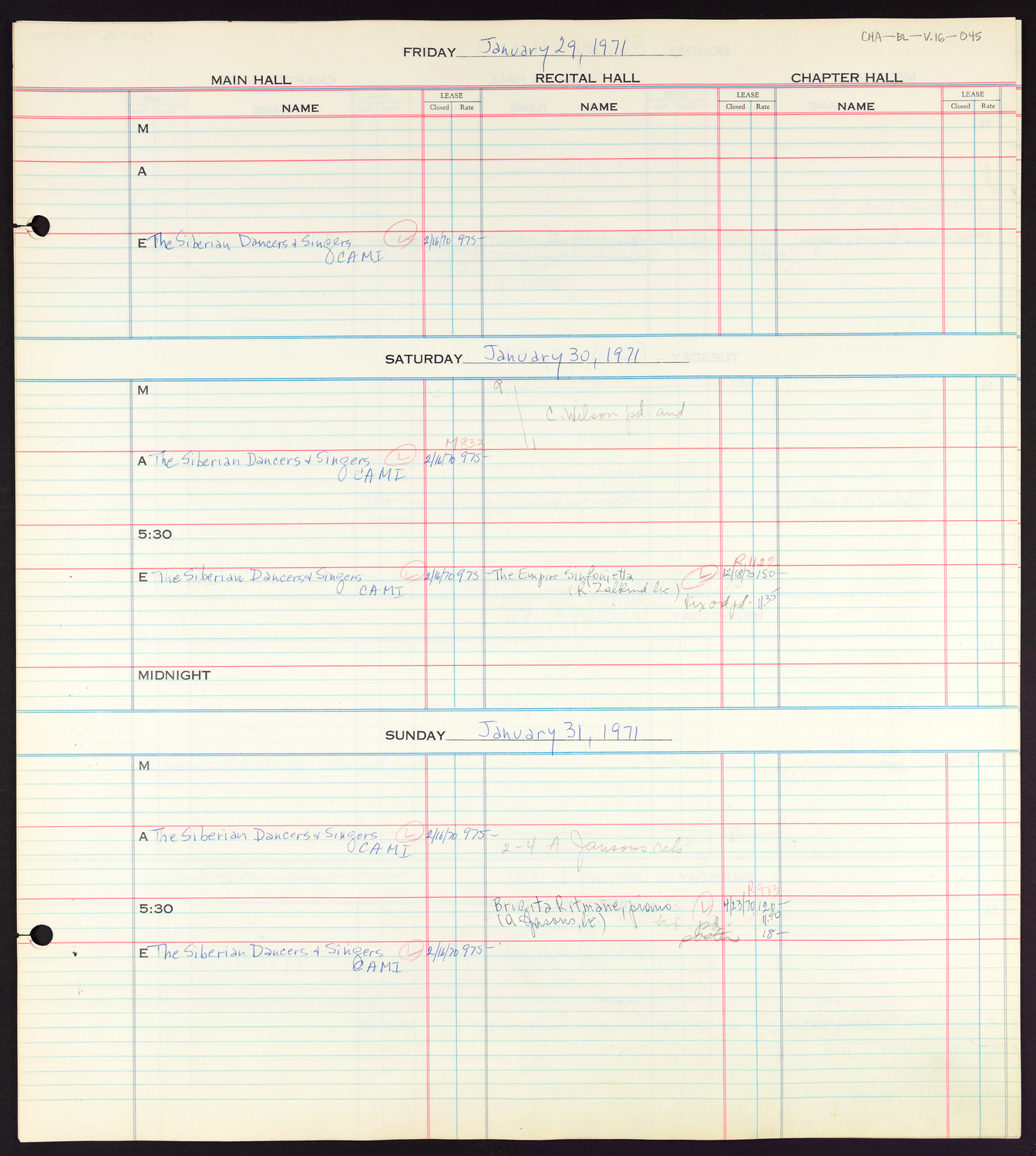 Carnegie Hall Booking Ledger, volume 16, page 45