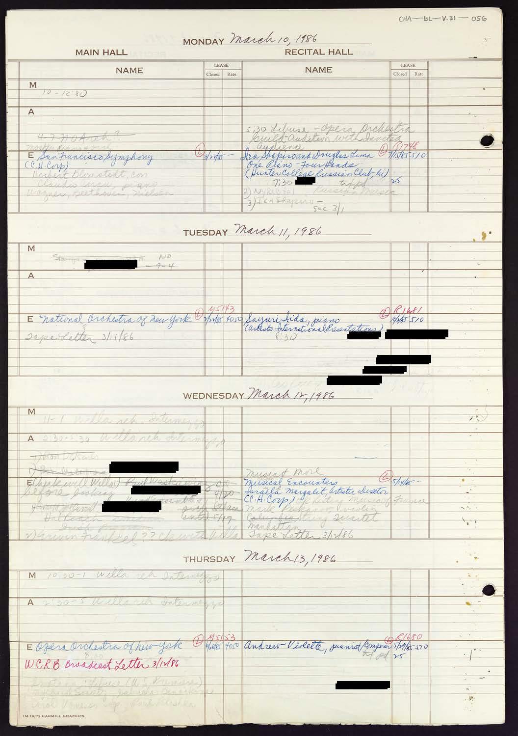 Carnegie Hall Booking Ledger, volume 31, page 56