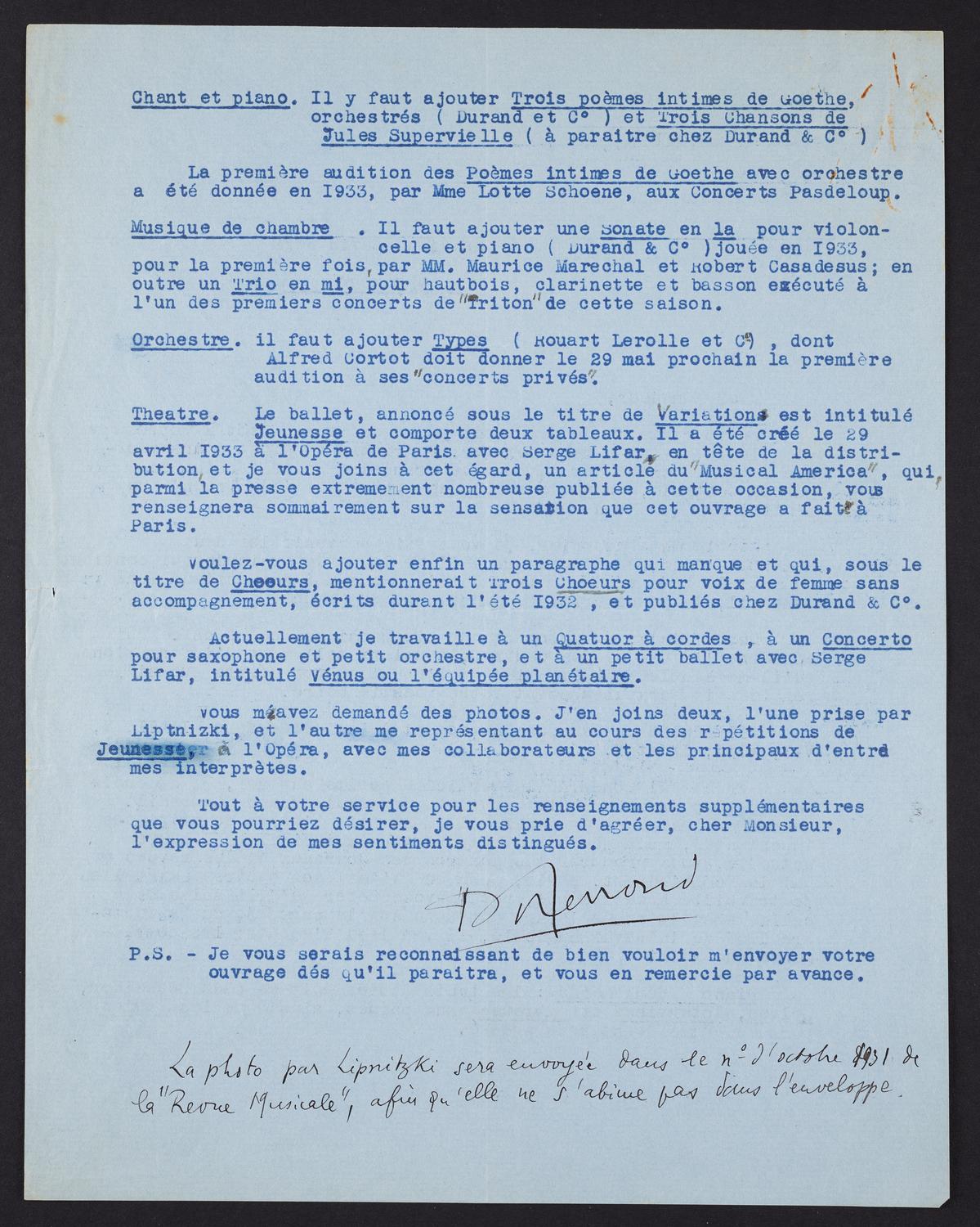 Correspondence from Pierre-Octave Ferroud to David Ewen, page 2 of 2