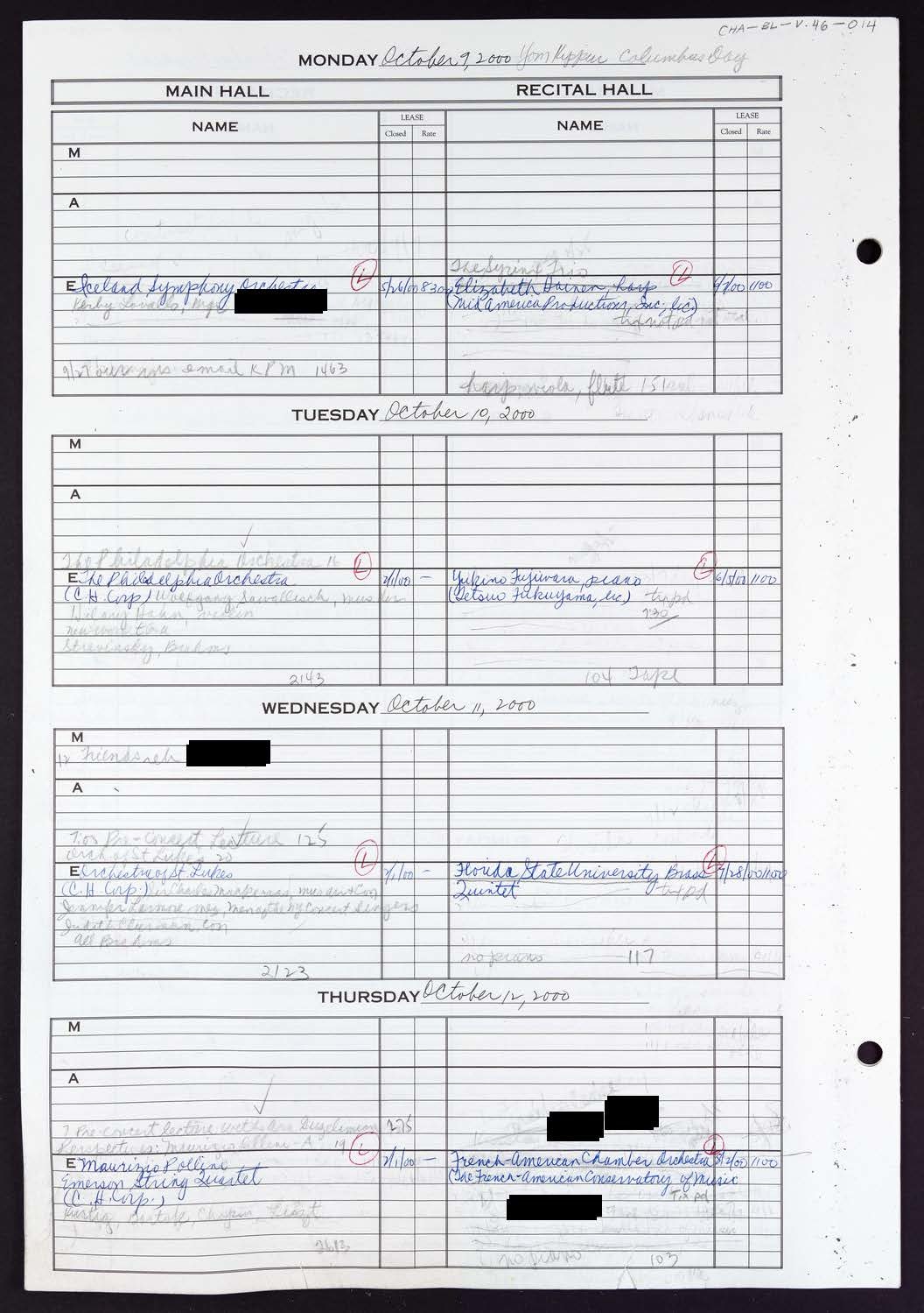 Carnegie Hall Booking Ledger, volume 46, page 14