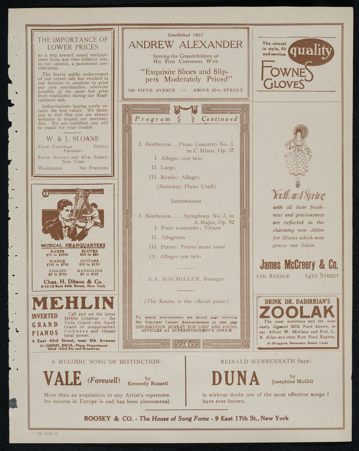 National Symphony Orchestra, January 20, 1921, program page 7