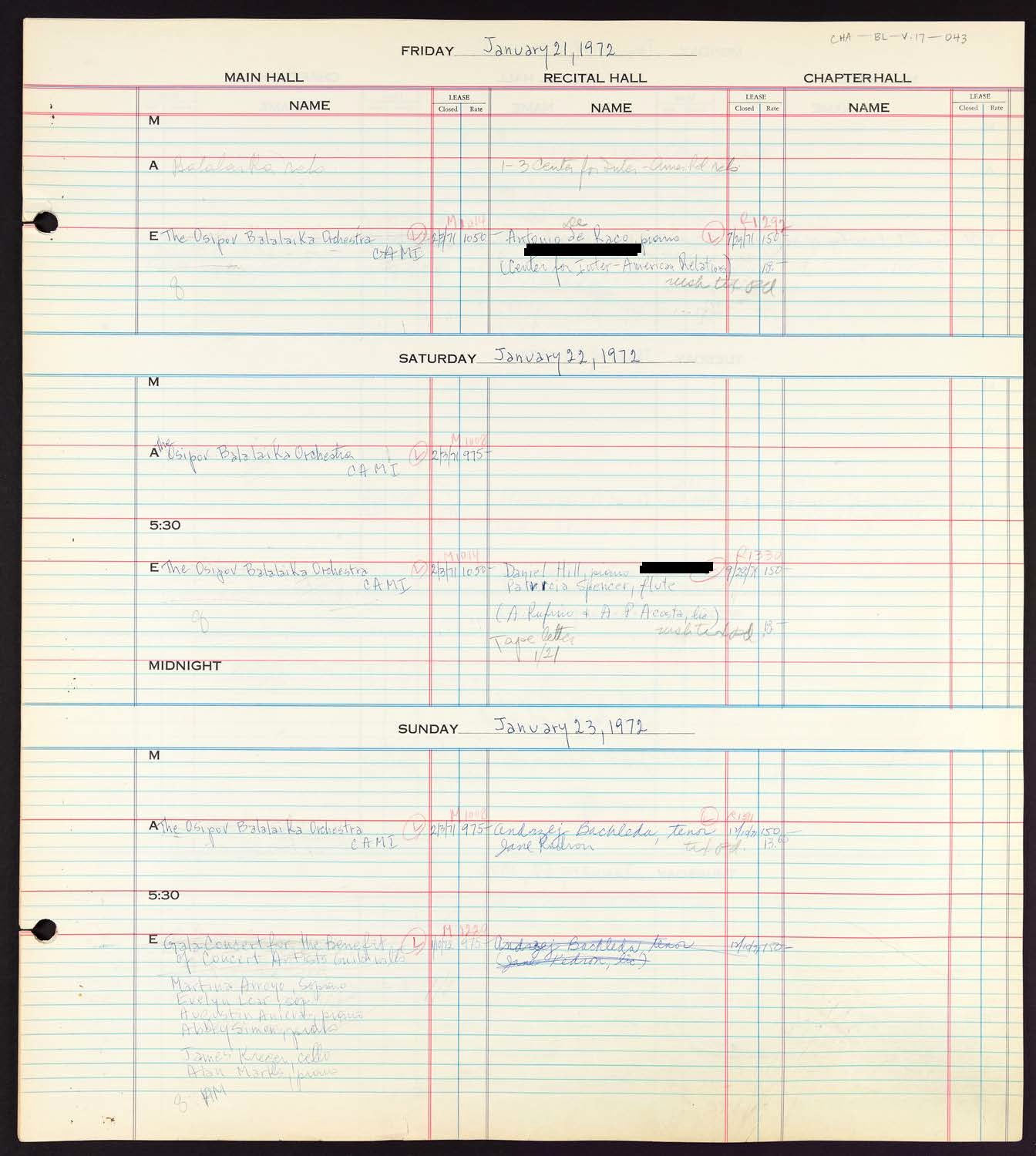 Carnegie Hall Booking Ledger, volume 17, page 43