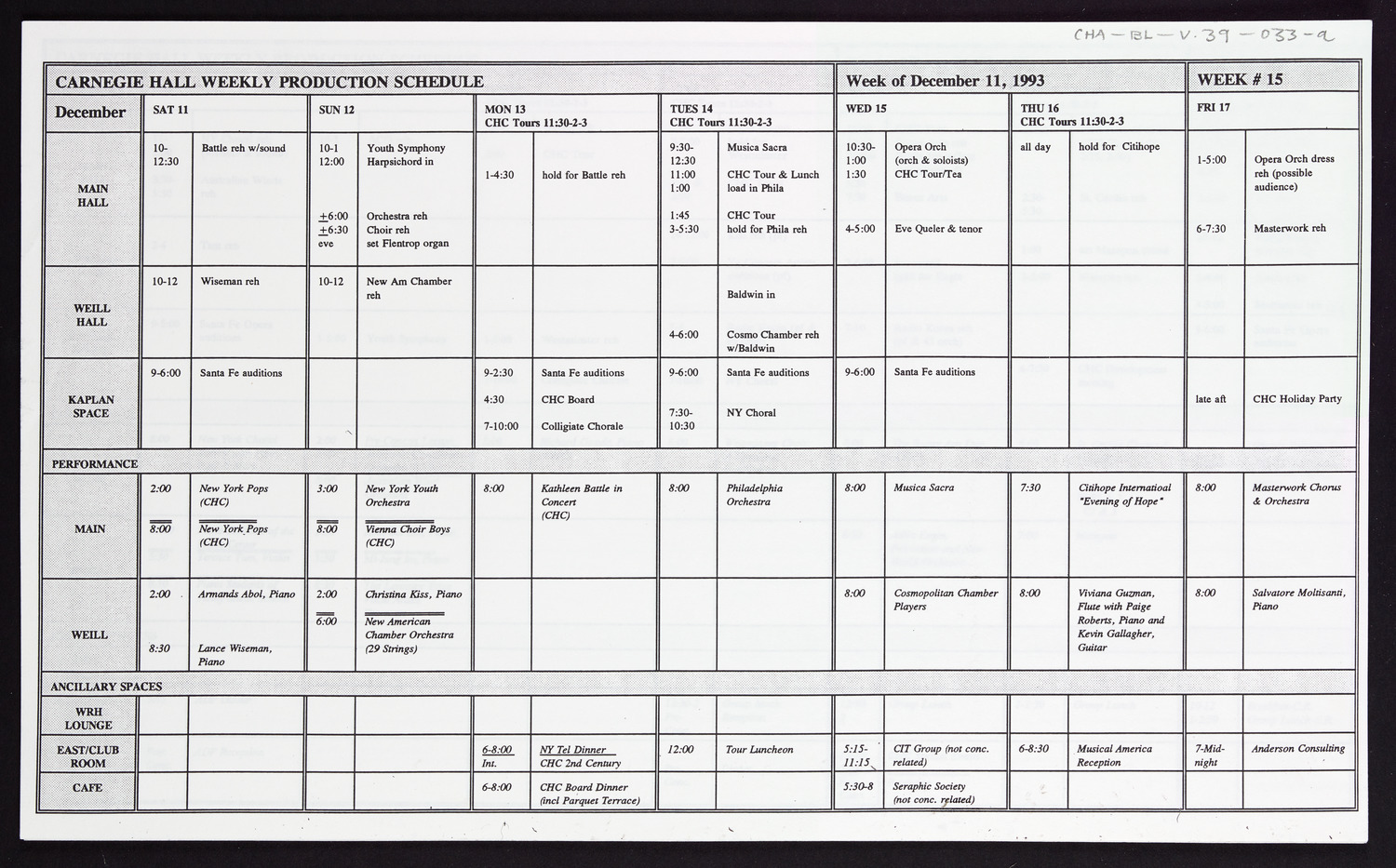 Carnegie Hall Booking Ledger, volume 39, page 33a