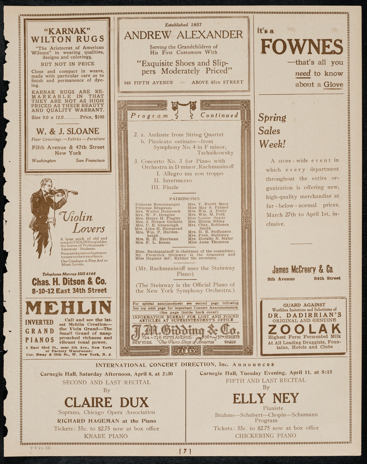 Sergei Rachmaninoff, Piano with the New York Symphony Orchestra, April 2, 1922, program page 7