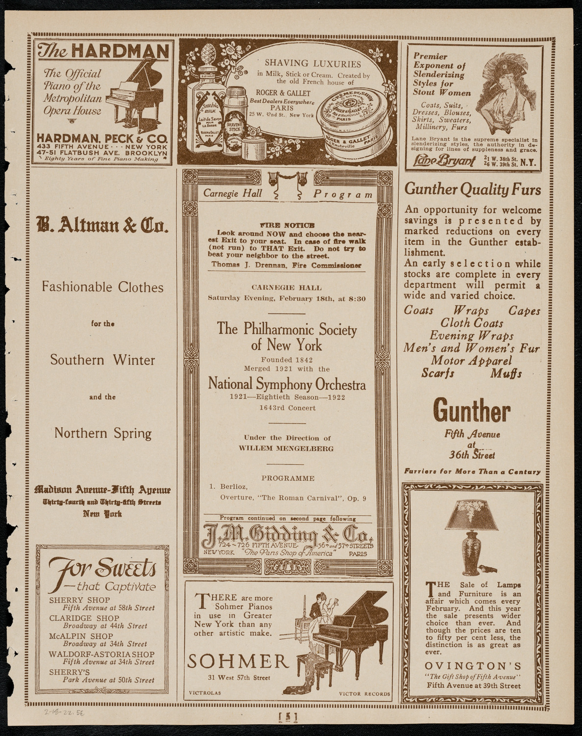 New York Philharmonic, February 18, 1922, program page 5