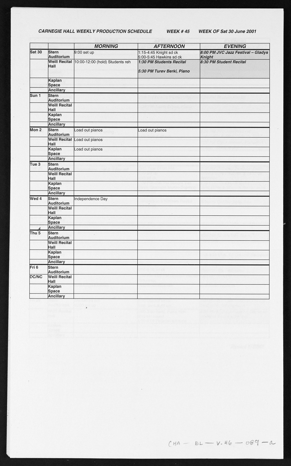 Carnegie Hall Booking Ledger, volume 46, page 89a